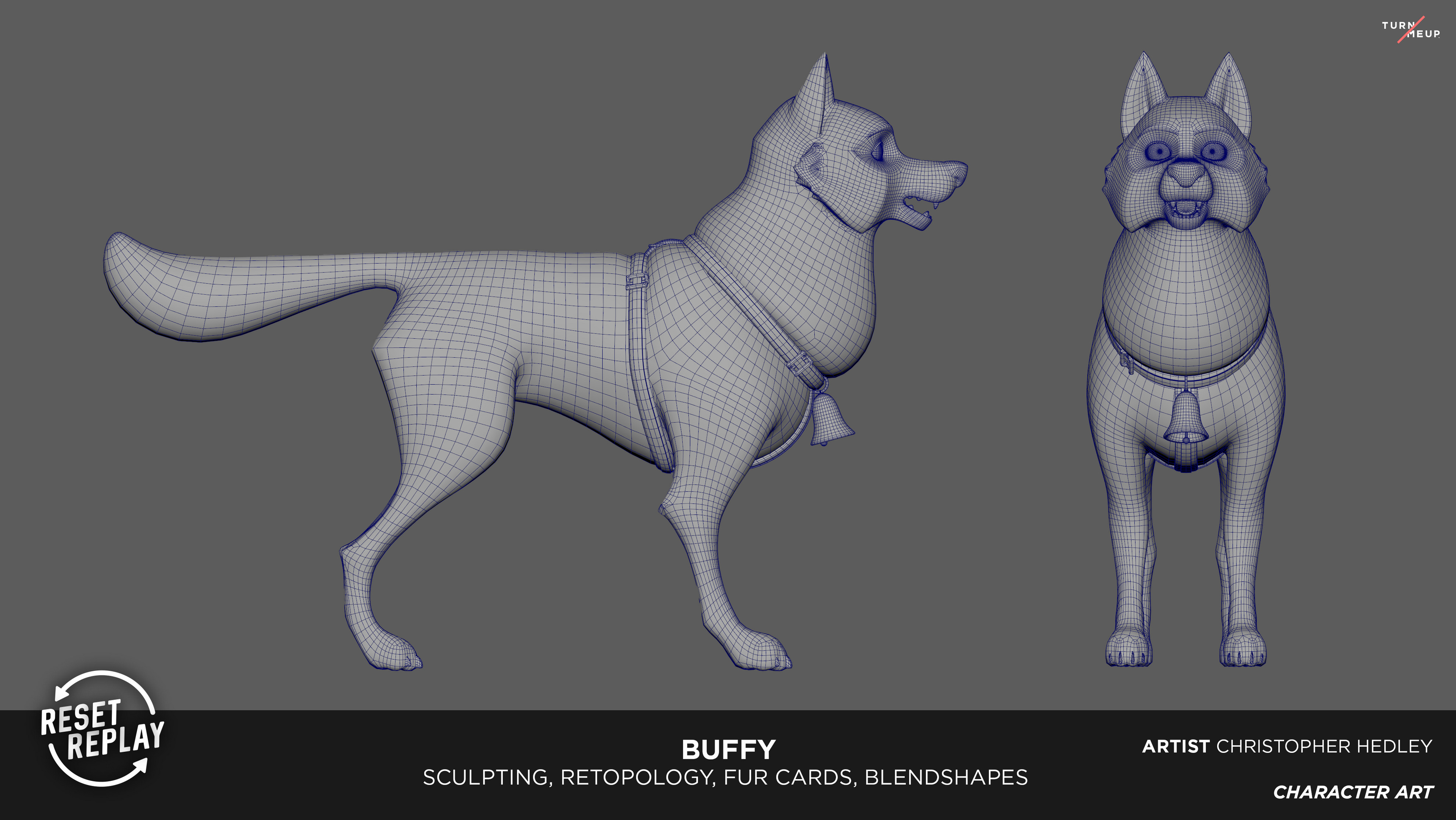 Sculpted with Zbrush, Retopologized, UV unwrapped, fur carded with Maya, Textured with Substance Painter, Rendered in Unreal