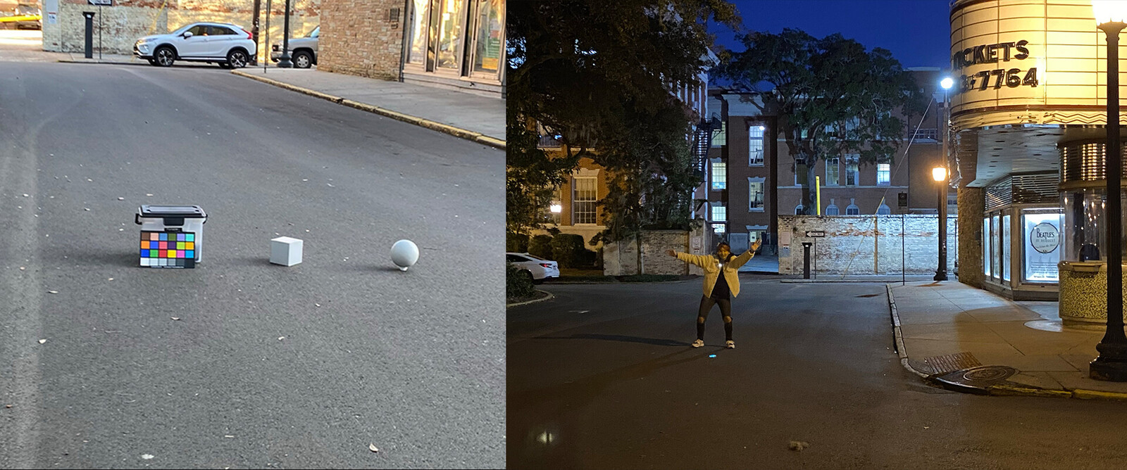 We took a plate for each shot with the Macbeth Color Checker, a cube for perspective, and a grey ball for light reference. The second picture is Liz acting as the portal, for reference.