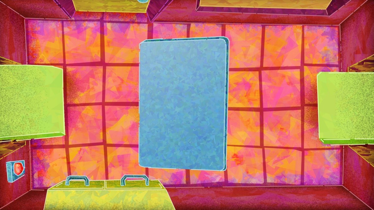 The workplace I created in garish neon colours, reflecting the company creating an overwhelmingly "happy" life for its workers. Neon coloured ads would pop up during play that need to be clicked away to get to the actual work.