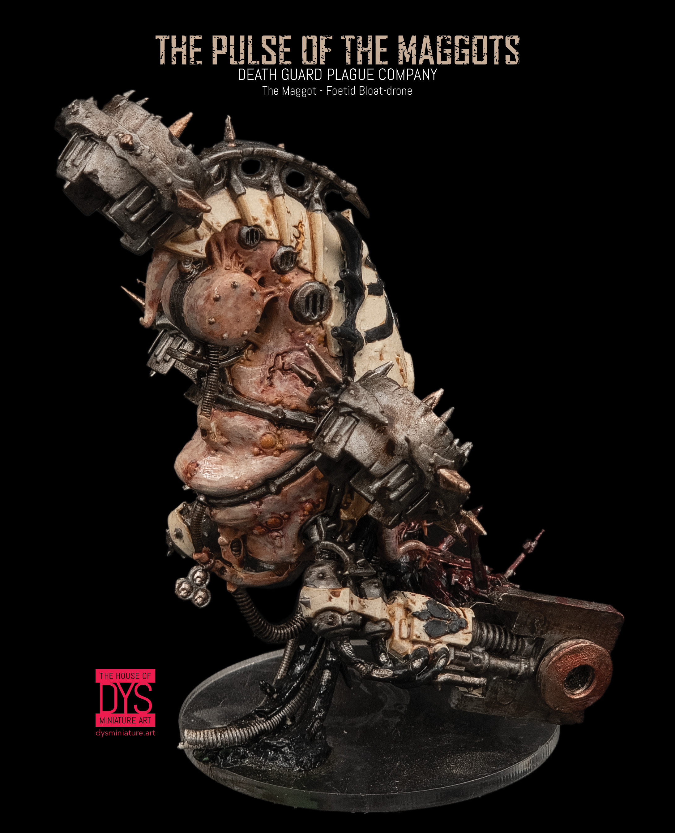 Side view of the Death Guard Foetid Bloat-drone 'The Maggot' from Warhammer 40k. The model's organic decay and mechanical enhancements are vividly depicted."