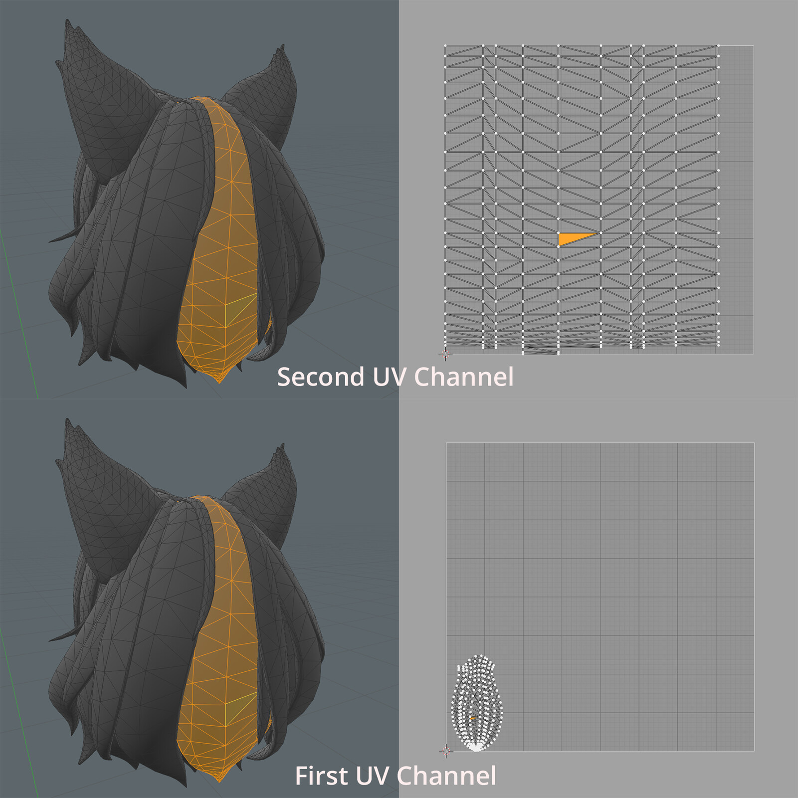 The first UV Channel drives most of the usually used maps such as normal roughness metallic etc.

The second UV Channel drives the base anisotropy, root/tip gradient and the strands normal which gets added in the engine. 