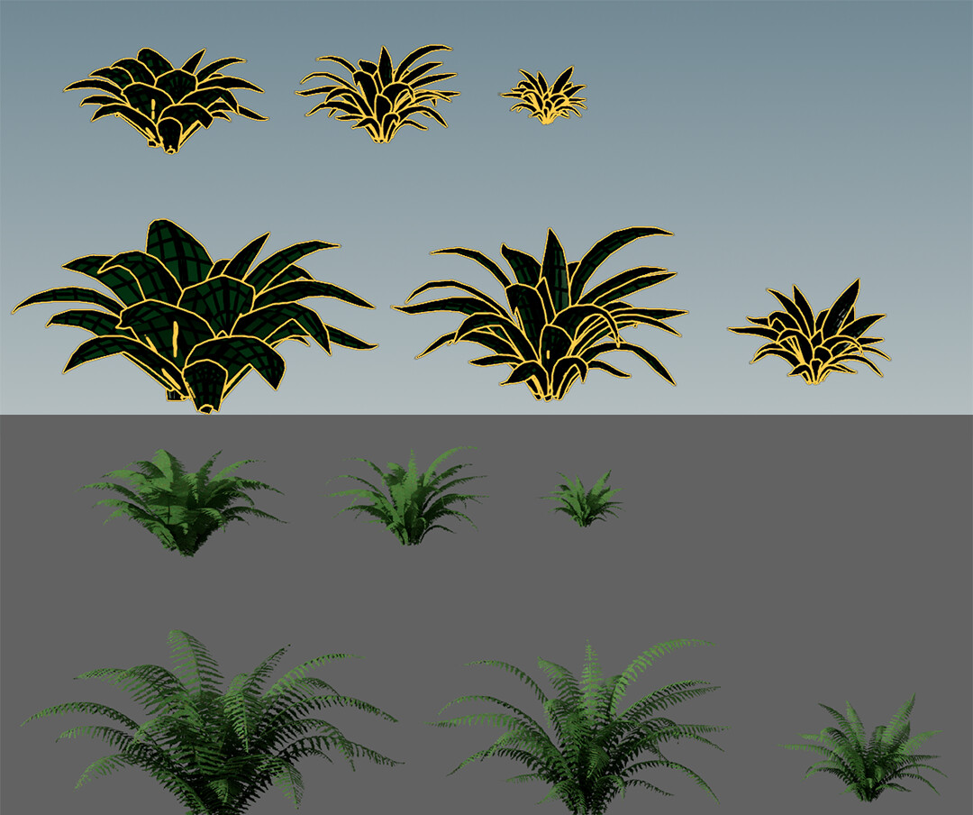Top image: 3D geo of the ferns, before the texturing and look development work. Bottom image: Ferns' LODs. Upper ferns are a Medium-Level-Of-Detail, and lower ferns are a High-Level-Of-Detail.