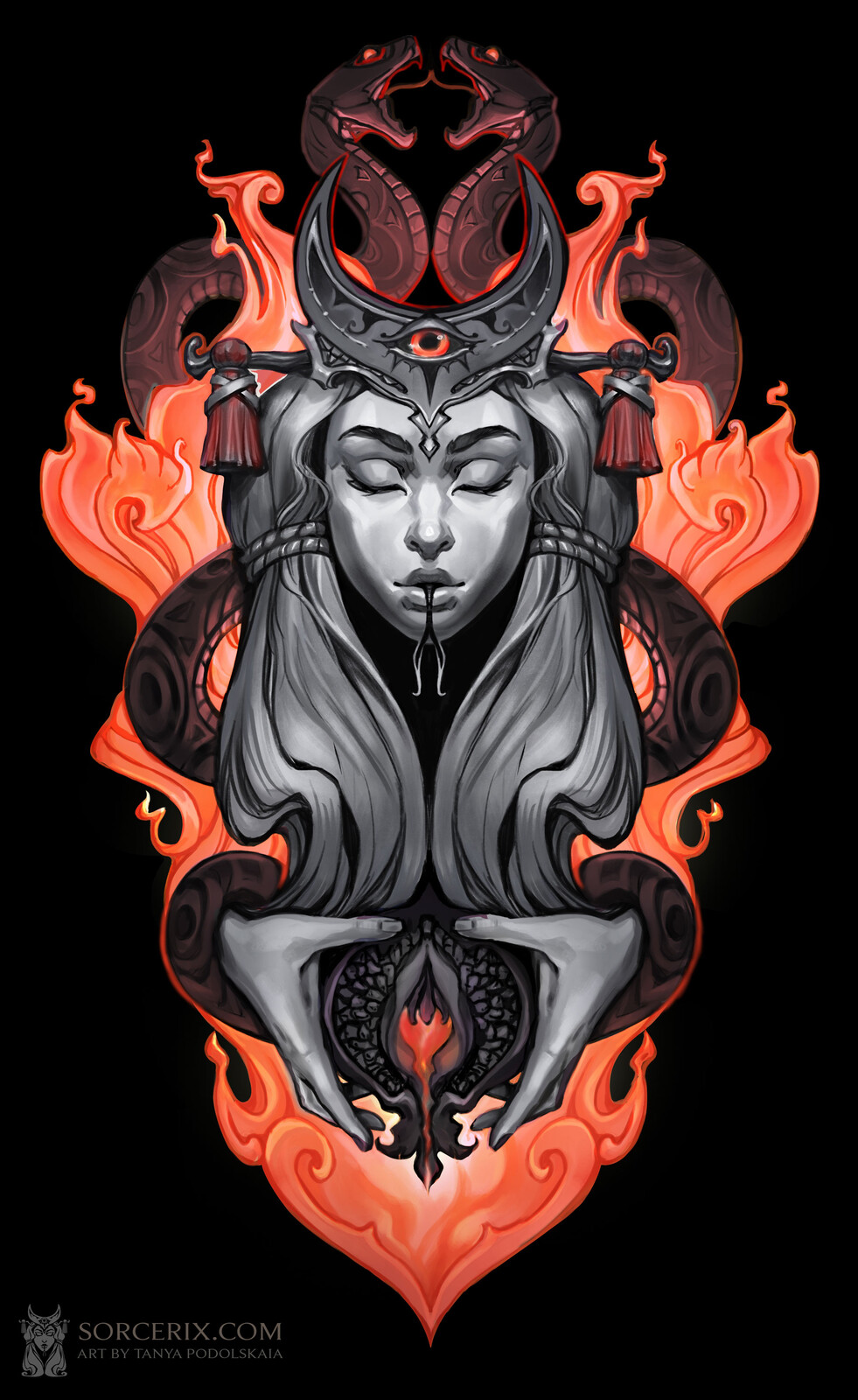 Priestess. Fantasy woman portrait. Woman with the snakes. Witch