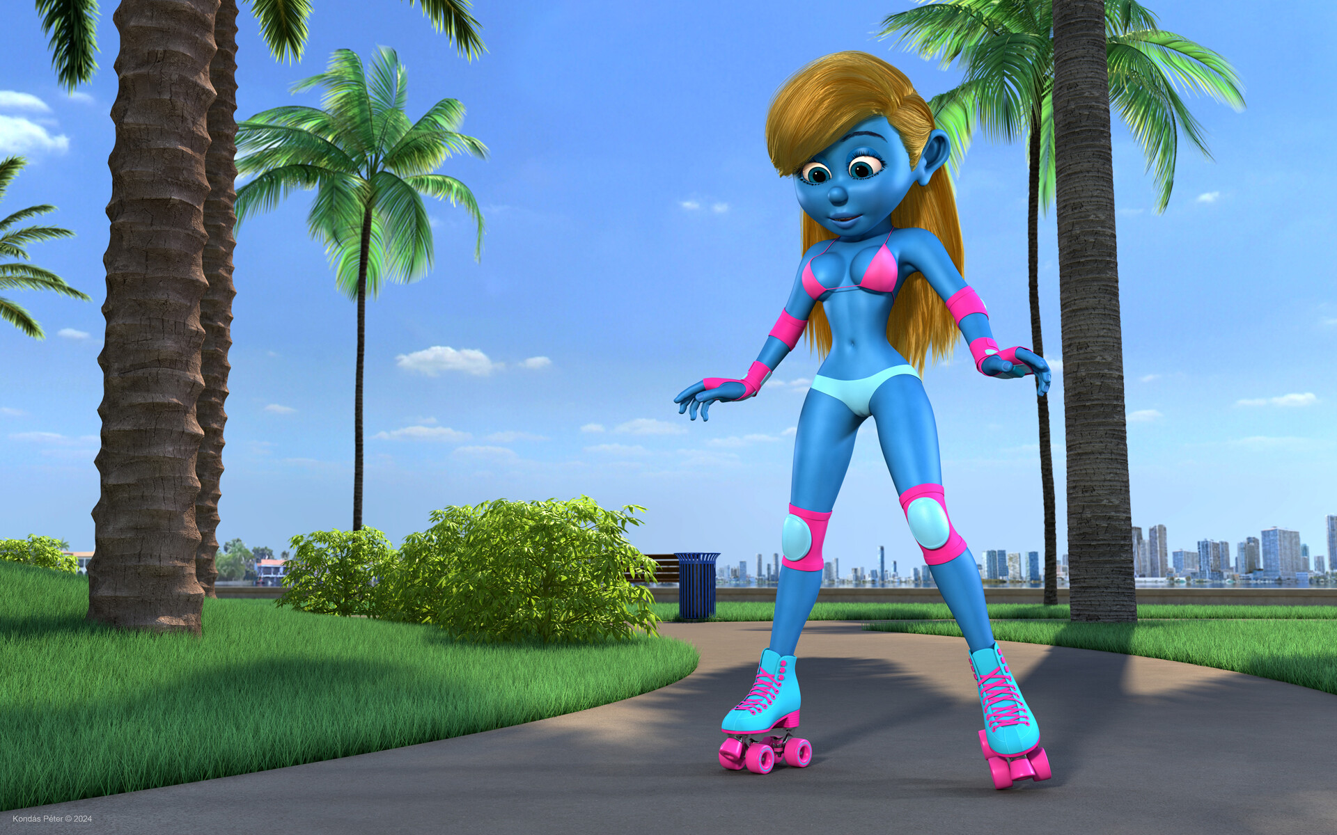 P ter kond s smurfette is roller skating in a park in miami
