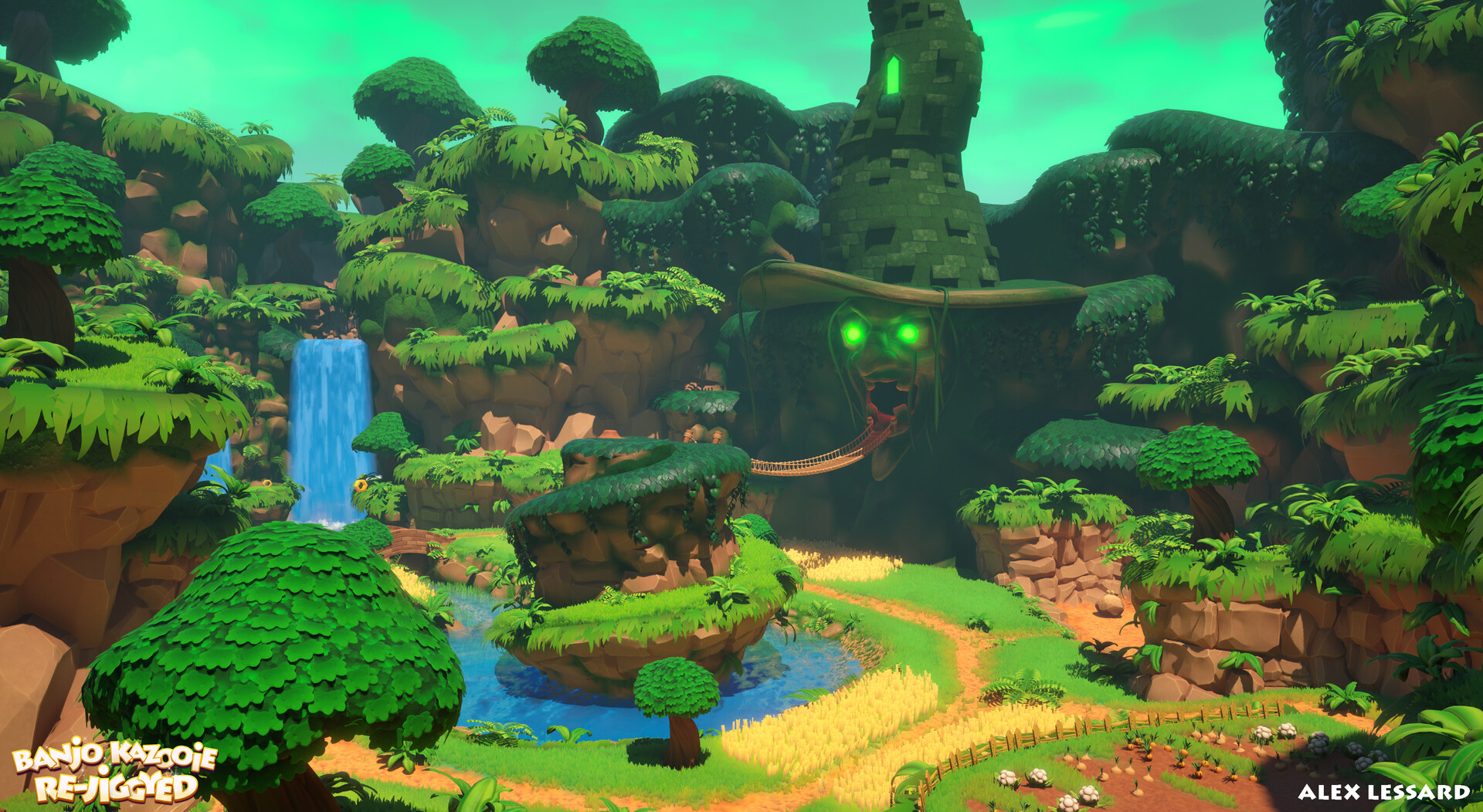 Image: https://cdna.artstation.com/p/assets/images/images/077/427/502/large/alex-lessard-beautyshot-01.jpg?1719418903 Banjo-Kazooie Re-Jiggyed Spiral Mountain Fan Art