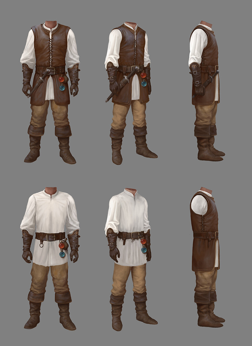 Initial ideas for Tigtone's outfit. They were found a bit too clean so I added another texture layer on top later
