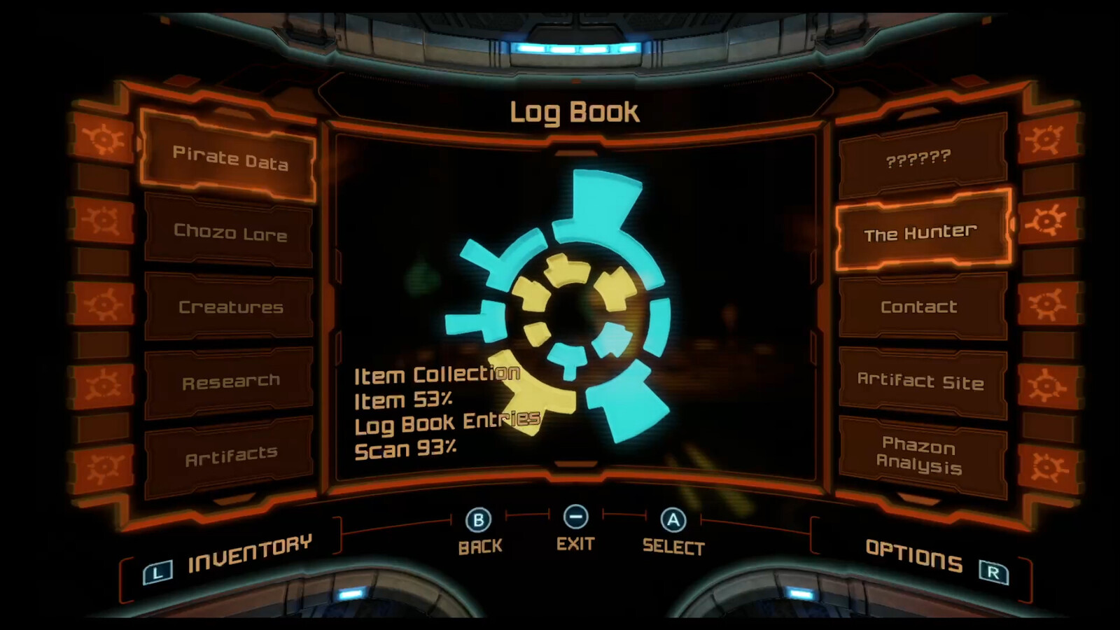 The in-game Logbook. Notice that the UI color is reflected in the helmet :)
