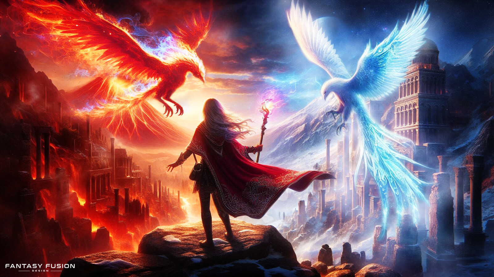 Two majestic guardians reign over their domains, embodying the fragile equilibrium between icy tranquility and blazing fervor. They traverse a terrain where frozen glaciers and seething magma collide in a harmonious symphony of elemental power.