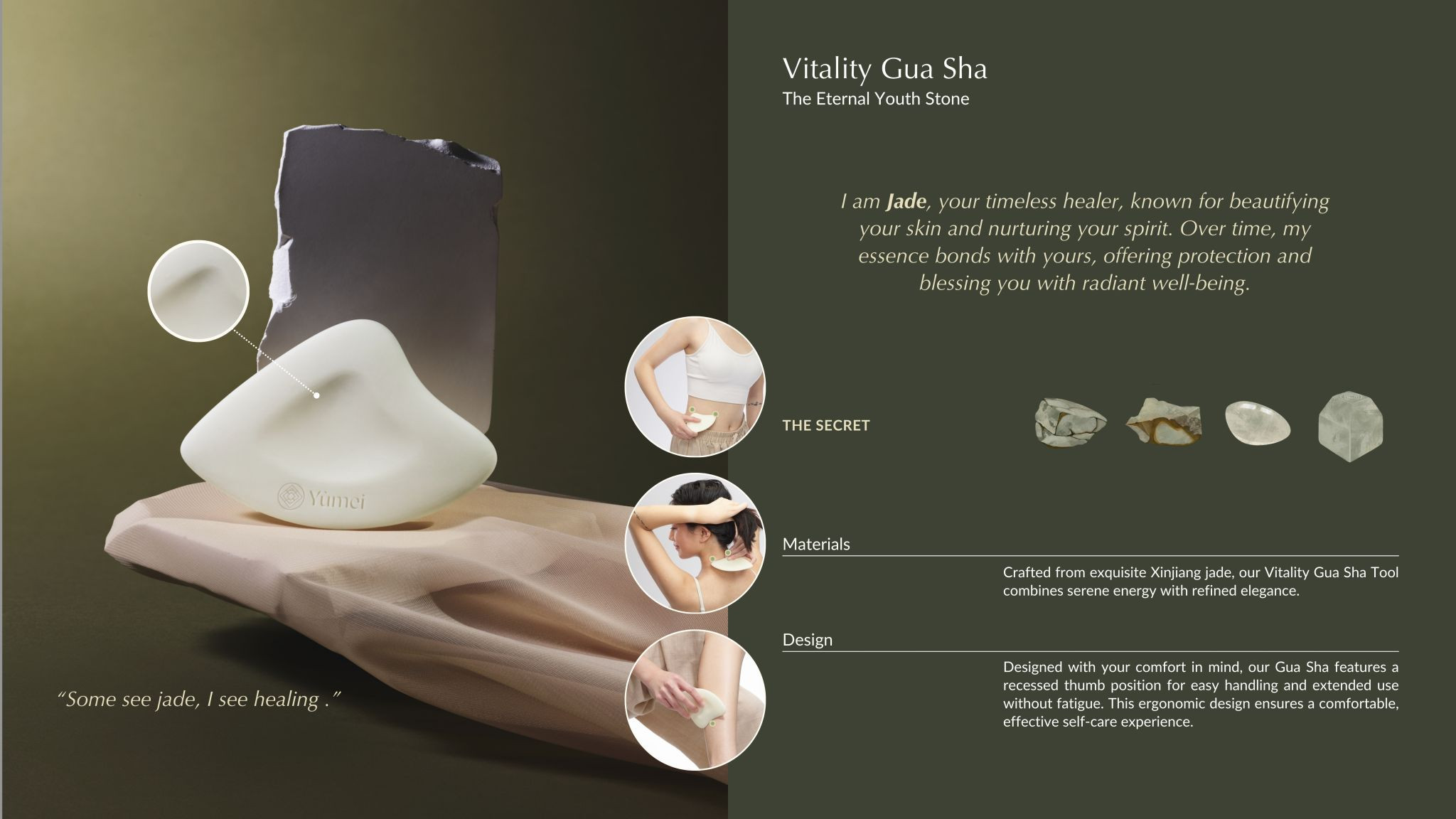 Illustrated the various stages of jade to provide context into the material properties of the Gua Sha technique. 