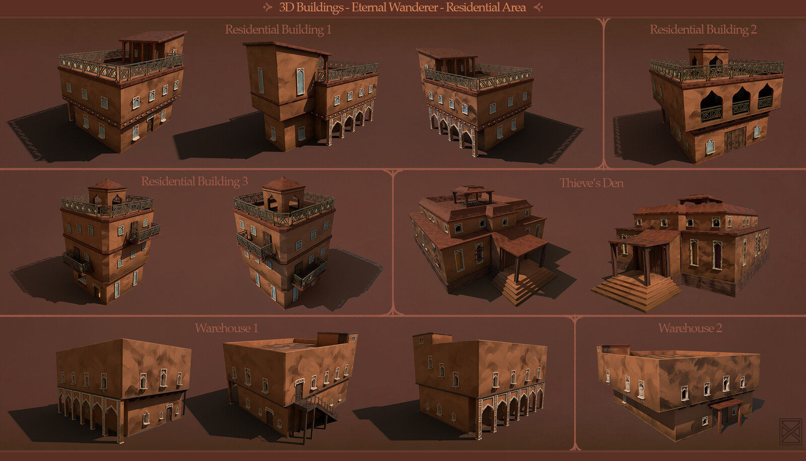Here are some renders of the 3D models with textures. We used hand-painted normal maps to achieve a characteristic art style. These normal maps were created by Dara van Vliet.