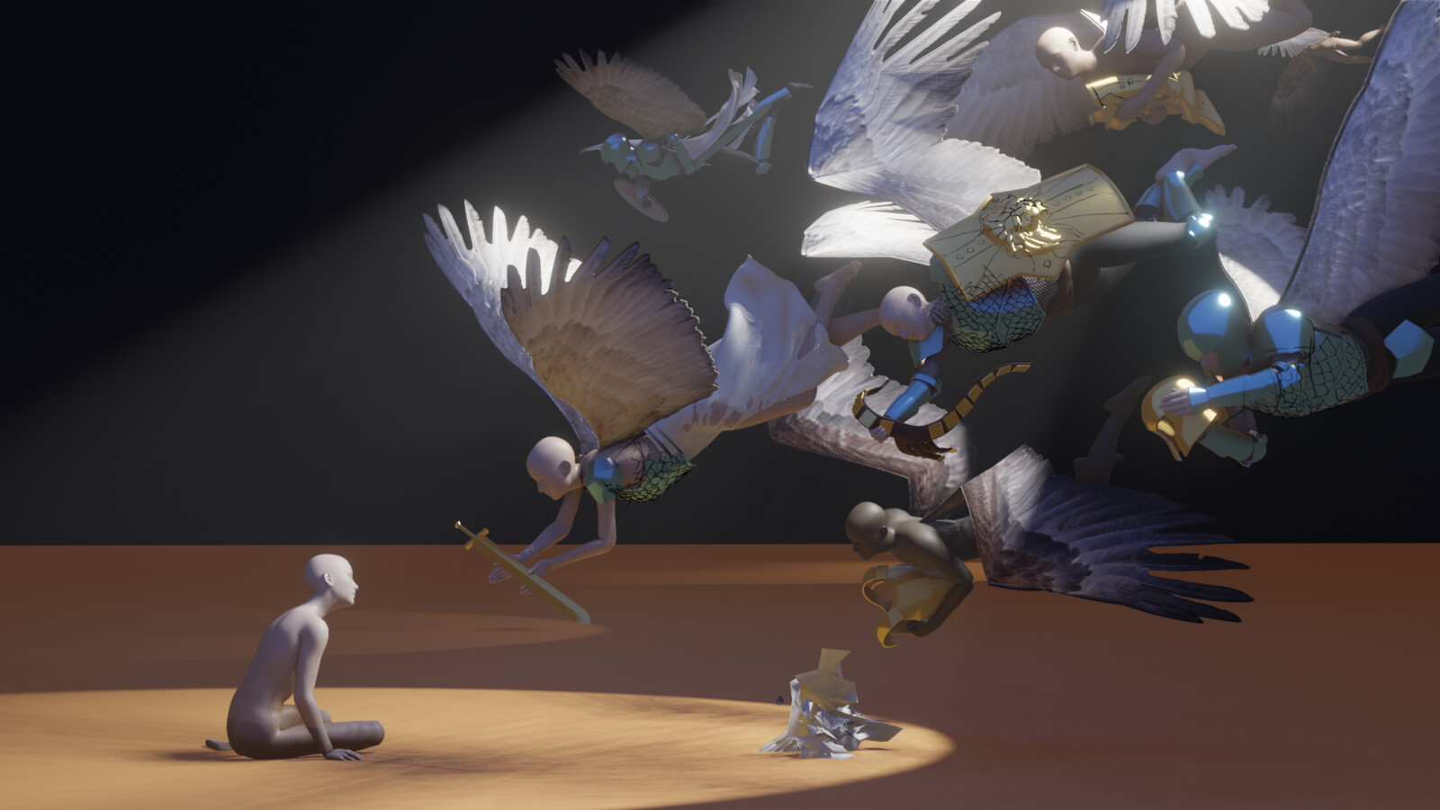 Compositon and light test made in Blender and used as base for the initial sketch and a reference for the paintng. I like testing the mood in this way and playing with guiding lines.
