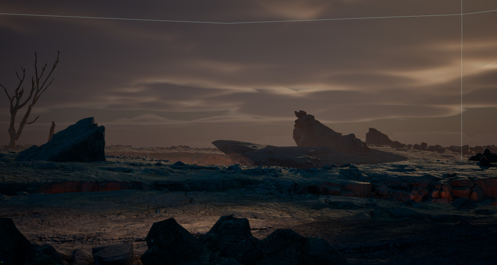 Blockout made in Unreal Engine using some assets from the iceland megascans. This provided a useful reference for the background painting where I could play with and test the composition and light. 