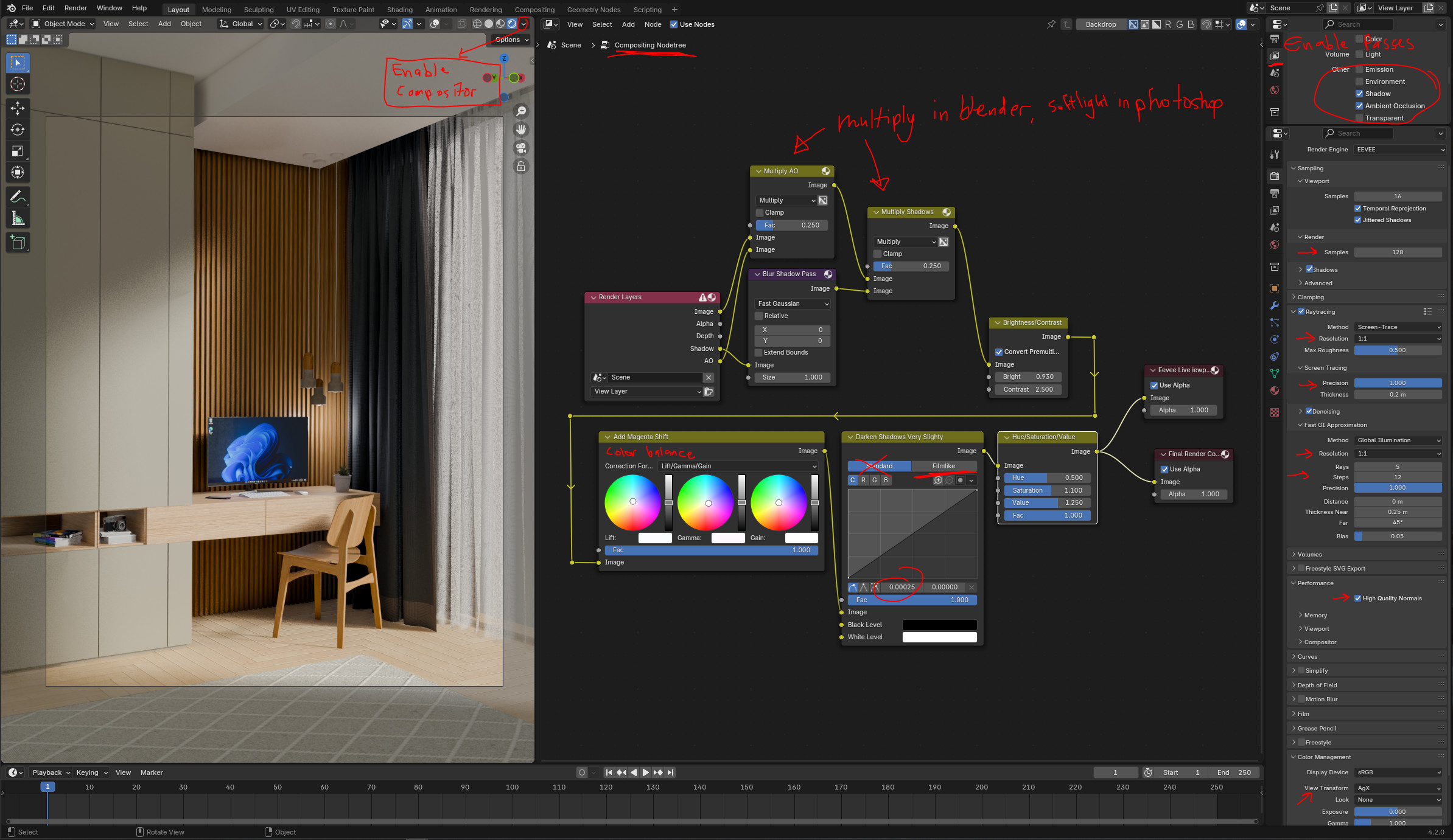 How to bring the photorealism and shadows back even more in Eevee to match Cycles in Compositing