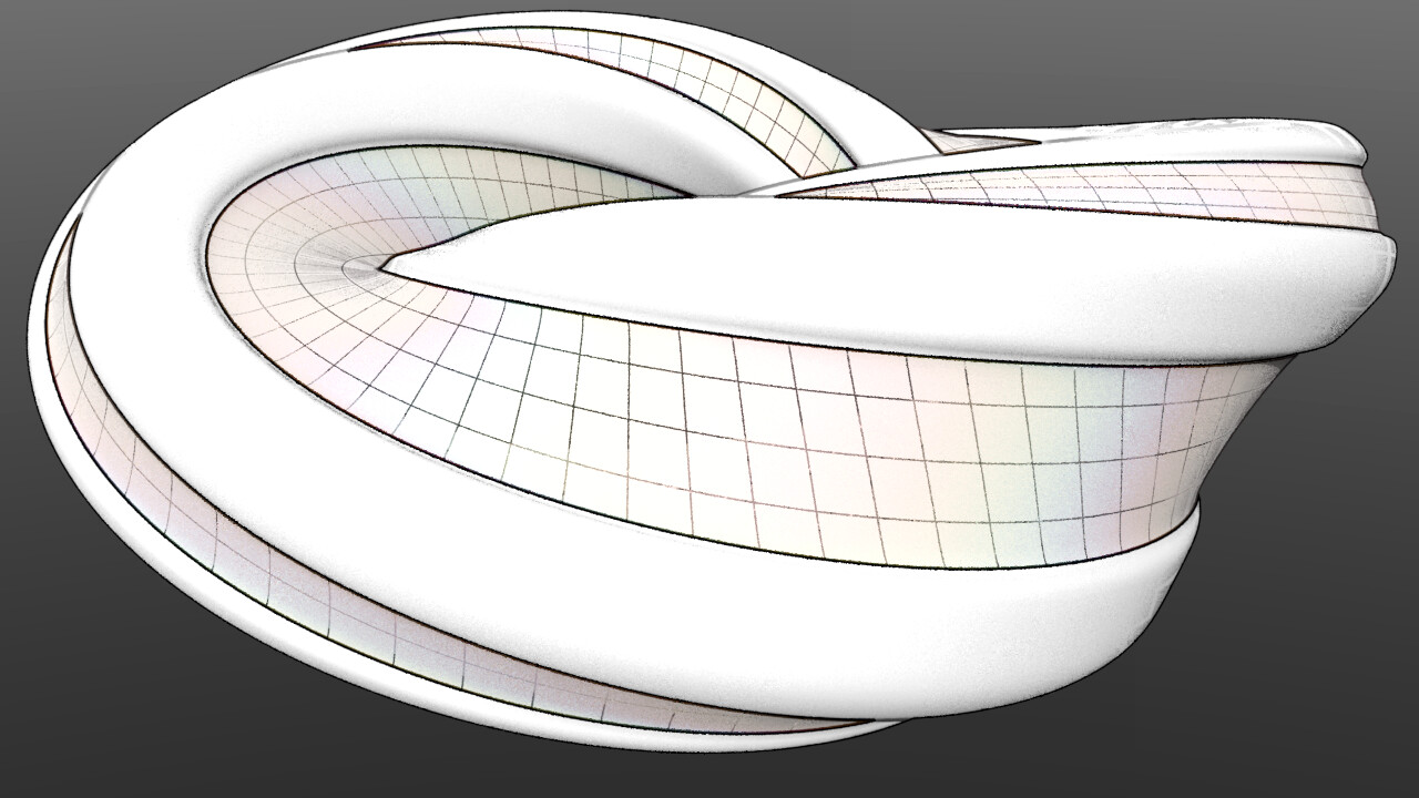 Complex möbius strip geometry to act as a deeply curvilinear building - sketch technical illustration materials.