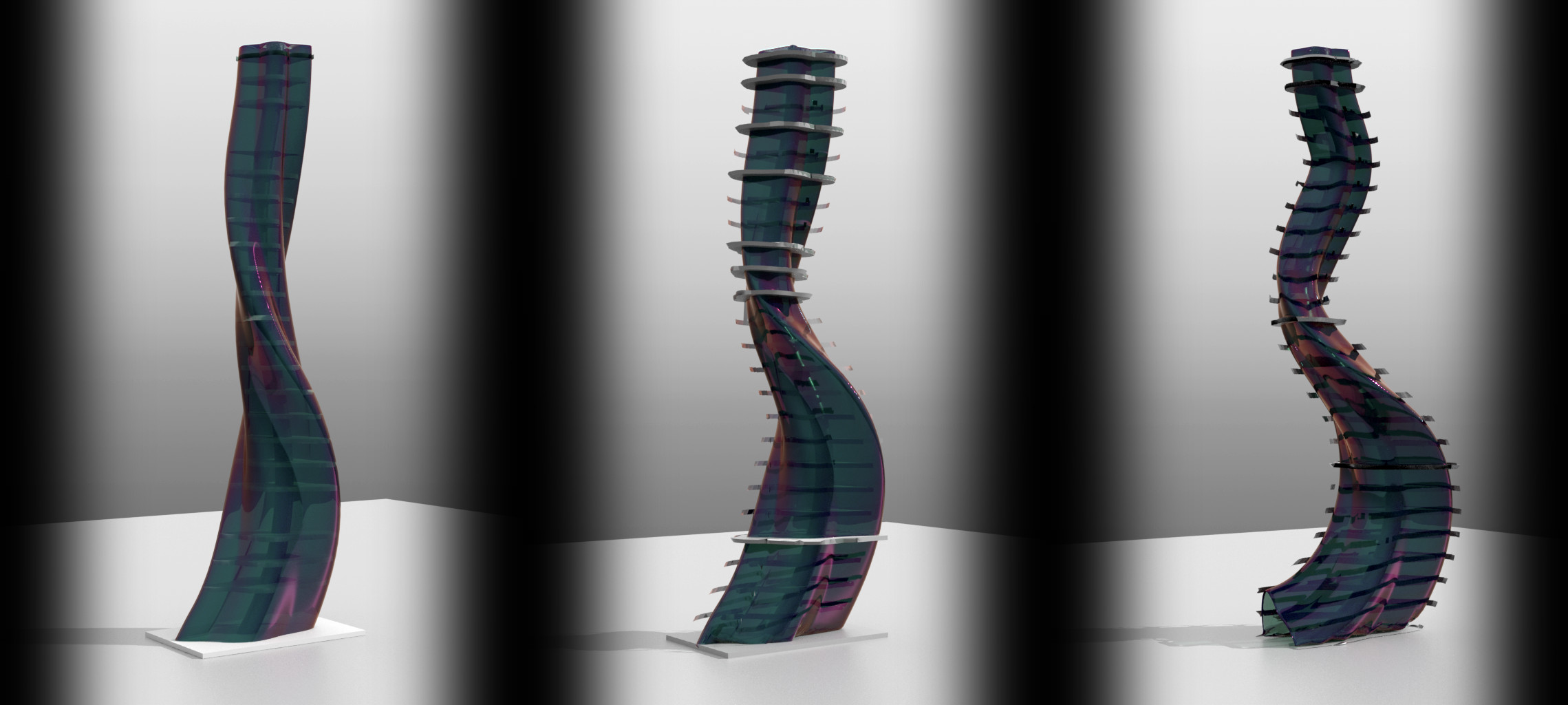 Procedural building model using multiple splines for form-finding - playing with variant parameters - one of the most powerful aspects of procedural / parametric design.