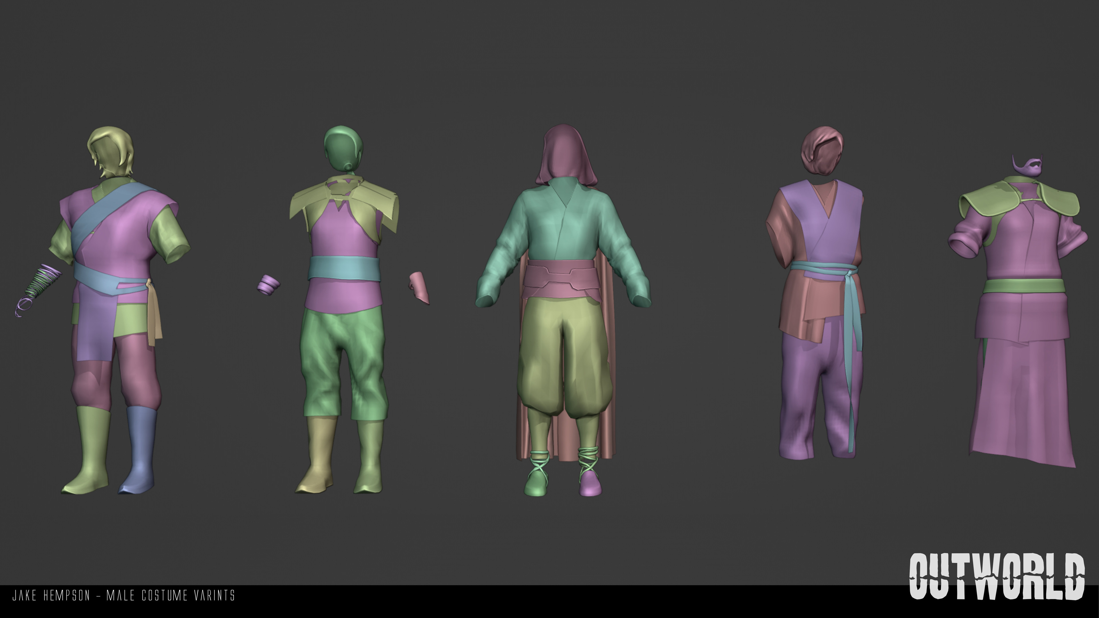 Male modular costumes, hairstyles and beards for background characters.