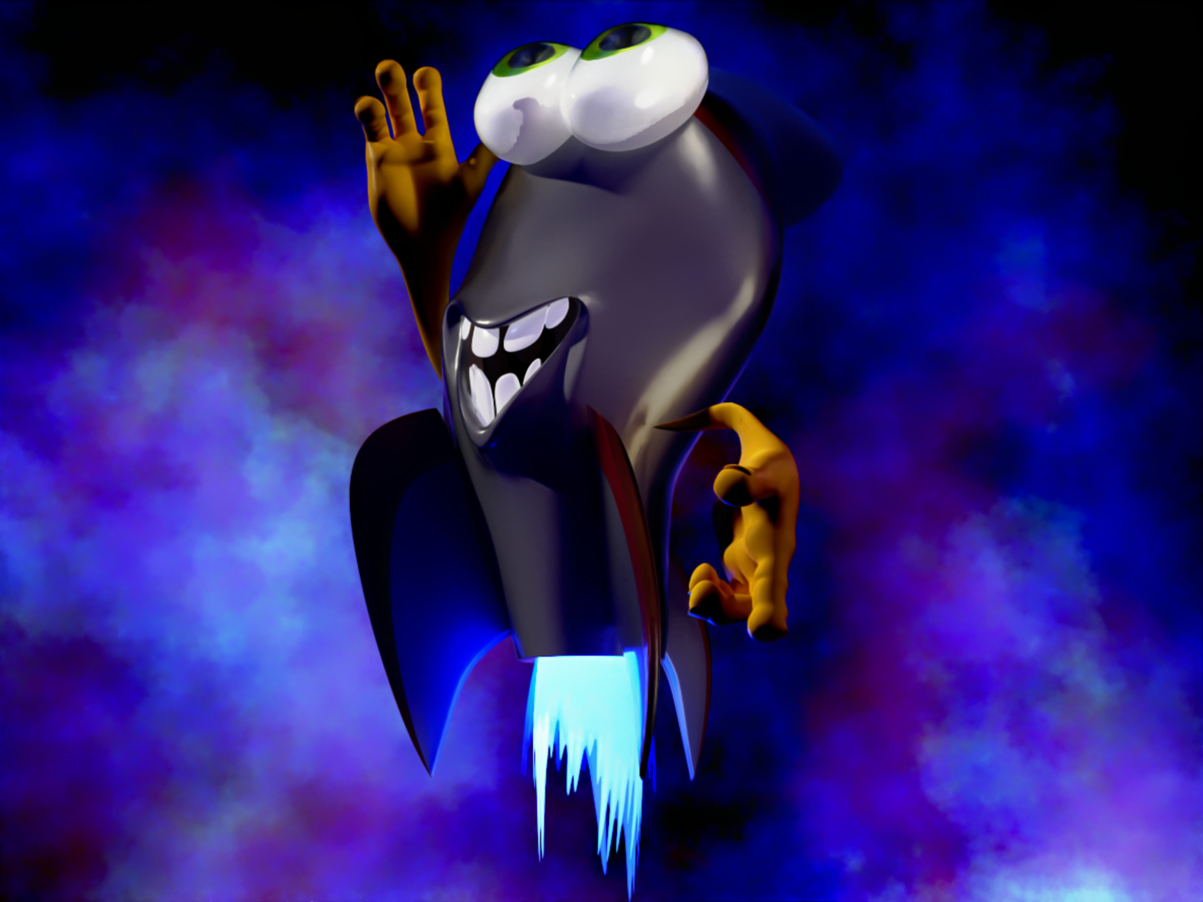 My suggested next design steps - lose the legs, make the fins the legs (I re-rigged, of course) and make the fire the correct blue...
