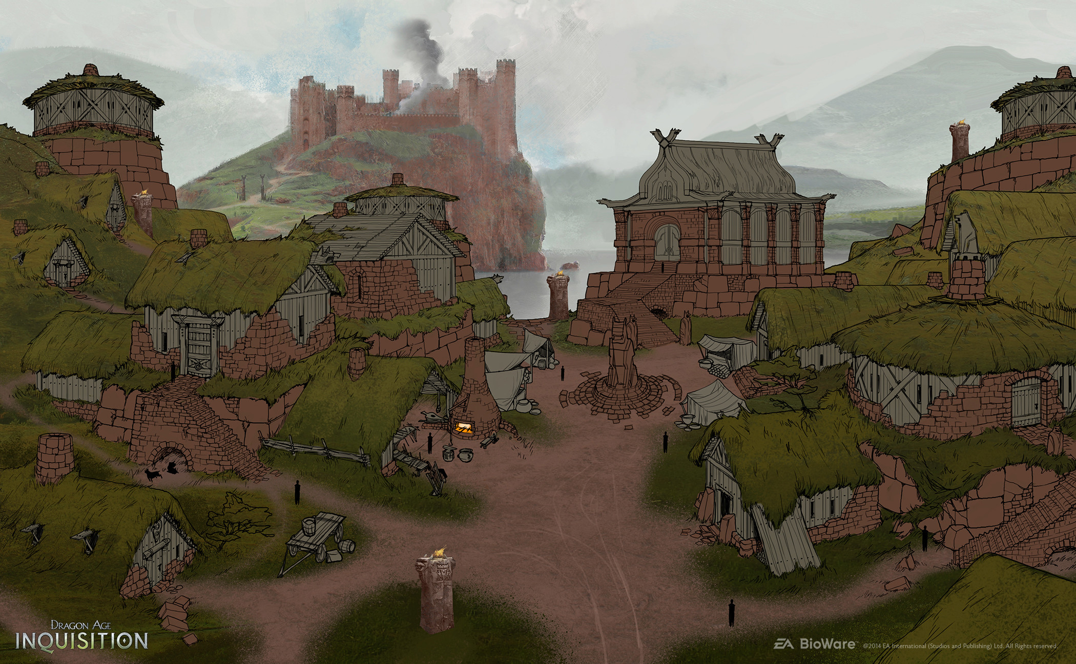 I liked the idea that Ferelden had been war-torn for such a long time, that new construction was made of wood, older construction was made of smaller stones, and ancient construction was made of much larger and more carved stone. 