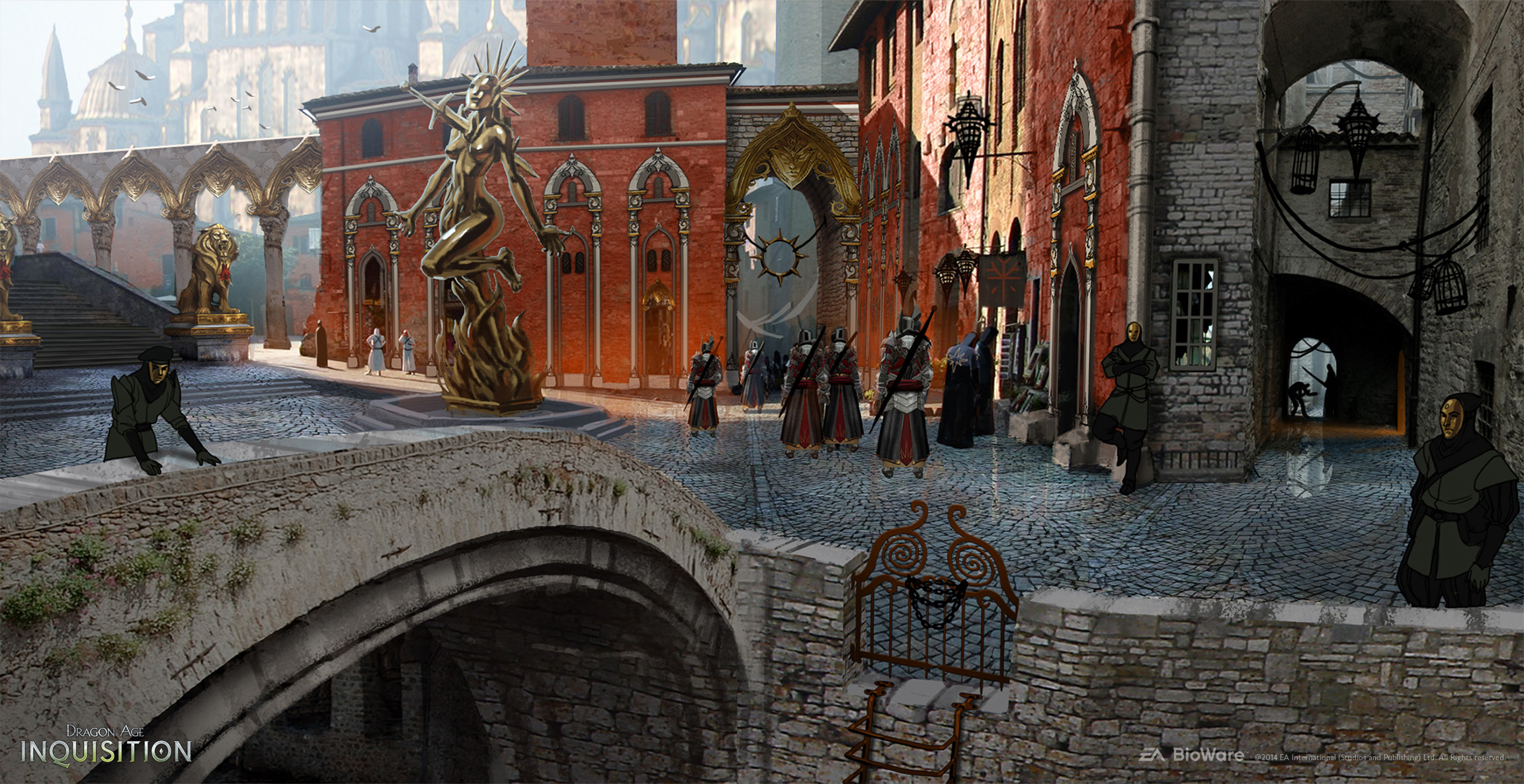 Orlais is a culture that regularly uses masks. I thought it would be cool if that was true of the architecture as well. Behind the facade, you can see Orlais' true face. 