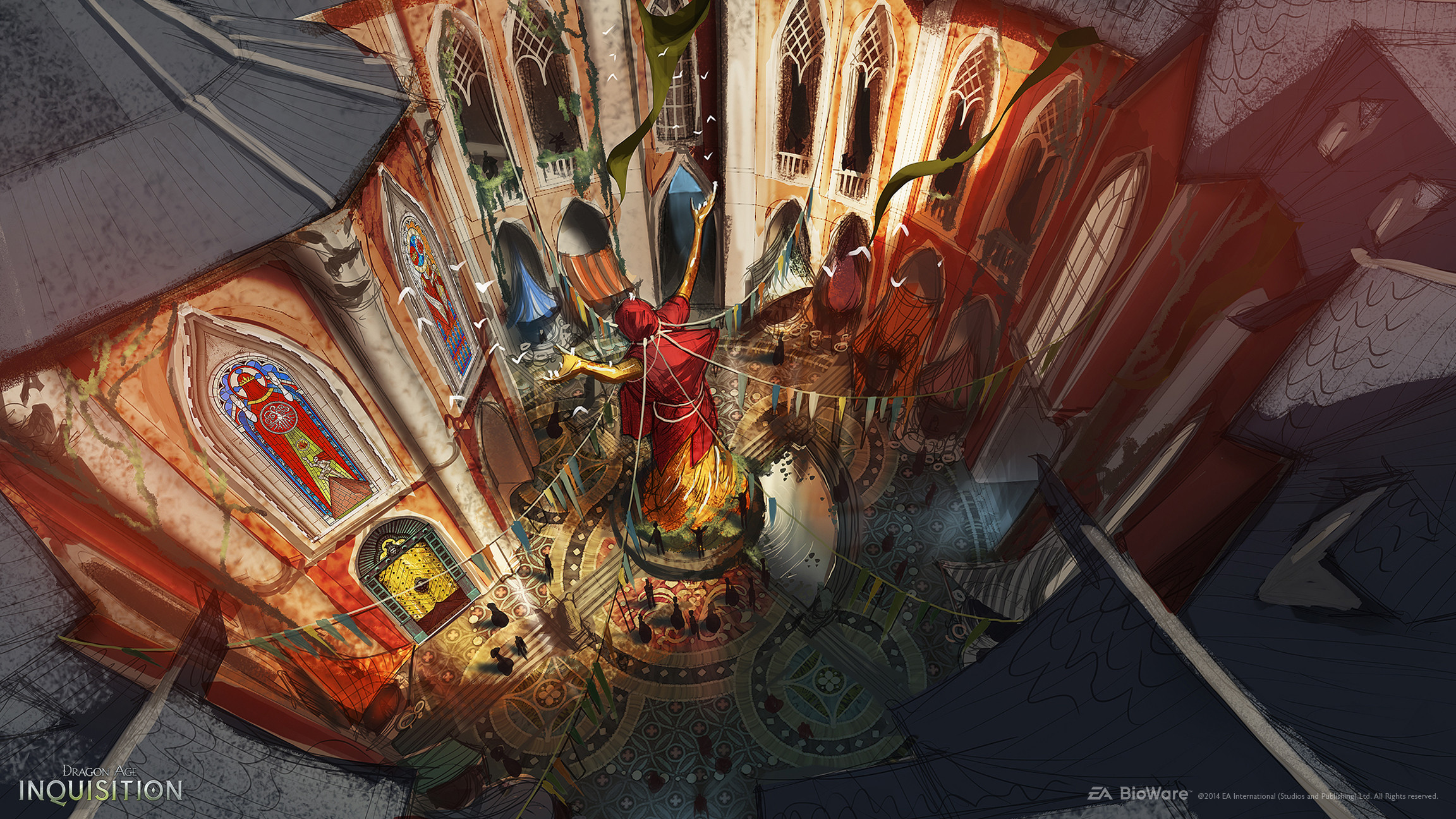 Val Royeaux market square, with a covered Andraste statue (no one wants her to witness their shady dealings). 