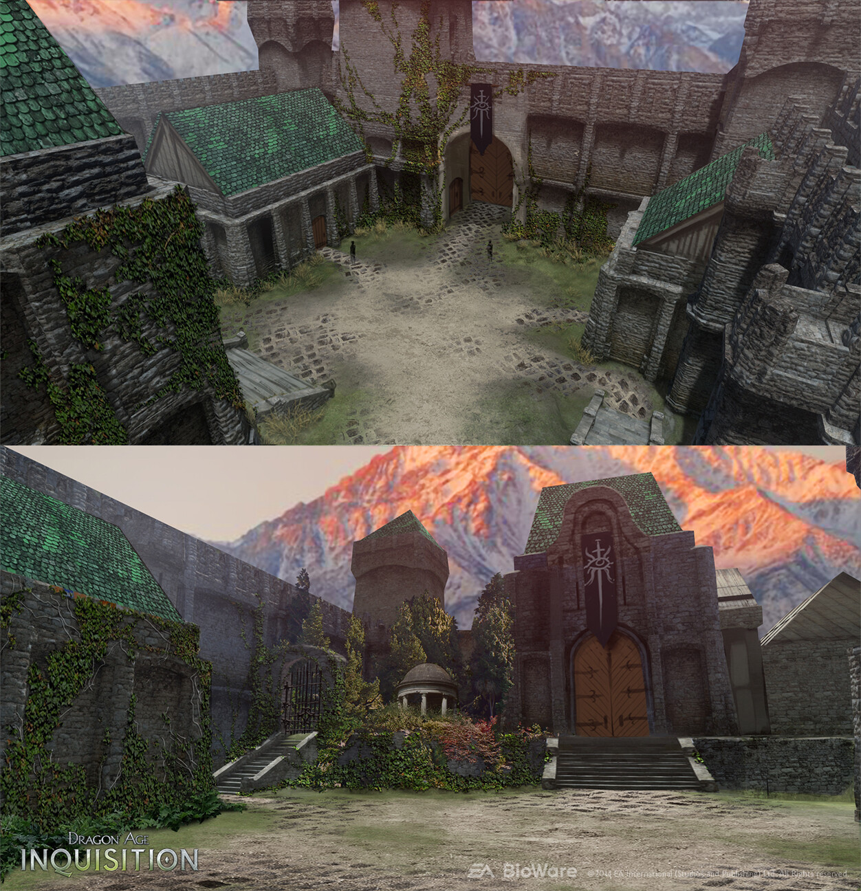 A very early version of Skyhold. At this stage we were mostly just figuring out what we wanted in it. These paintovers were a quick way to test out how this layout felt. 