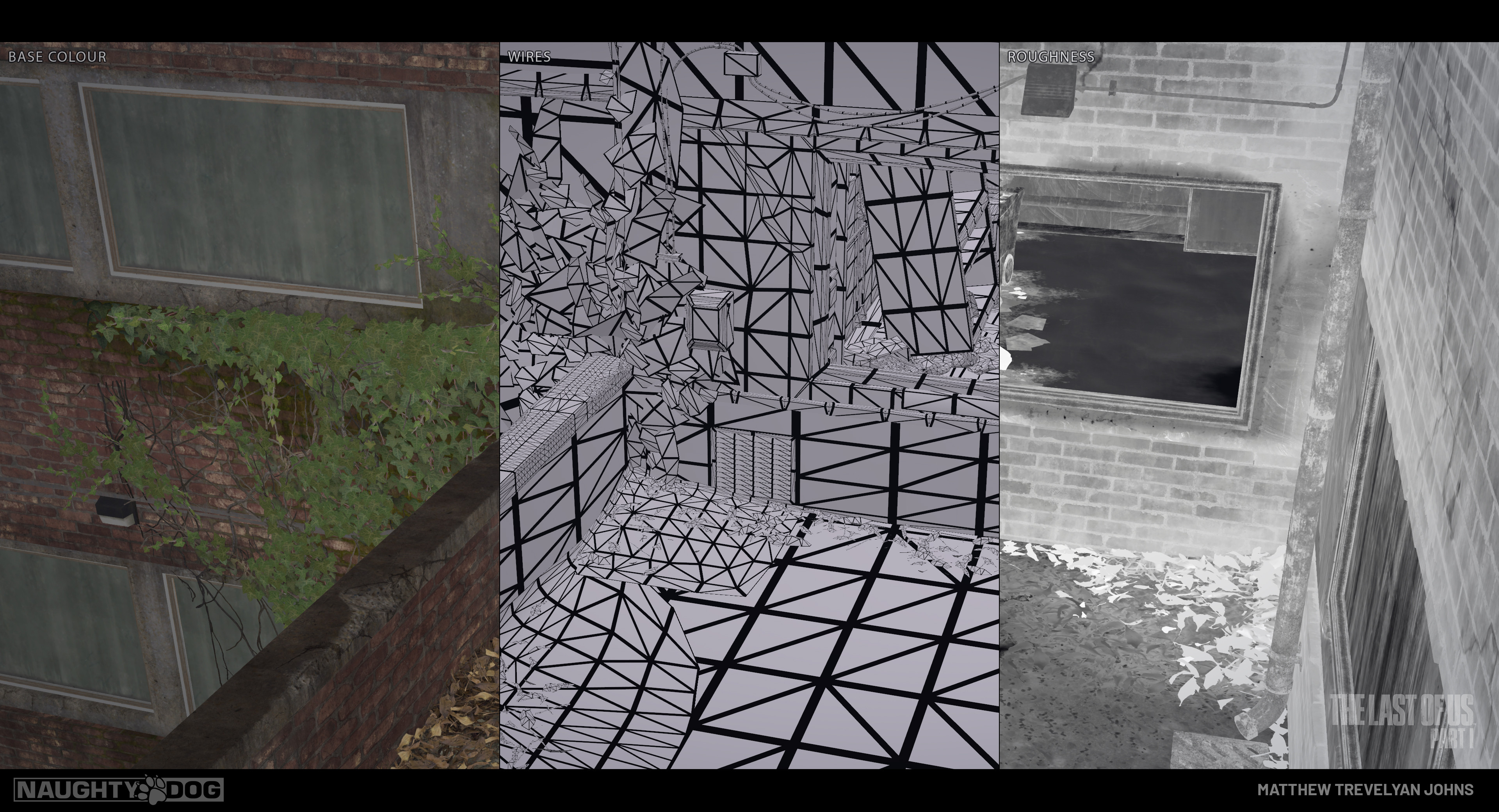 Our in-game wireframe view isn't so pretty as we might be used to, but edge thickness also denotes polygon density and so it can be a useful debug. On the ground here you can see how useful large alpha cards were in supporting the leaf models and blends