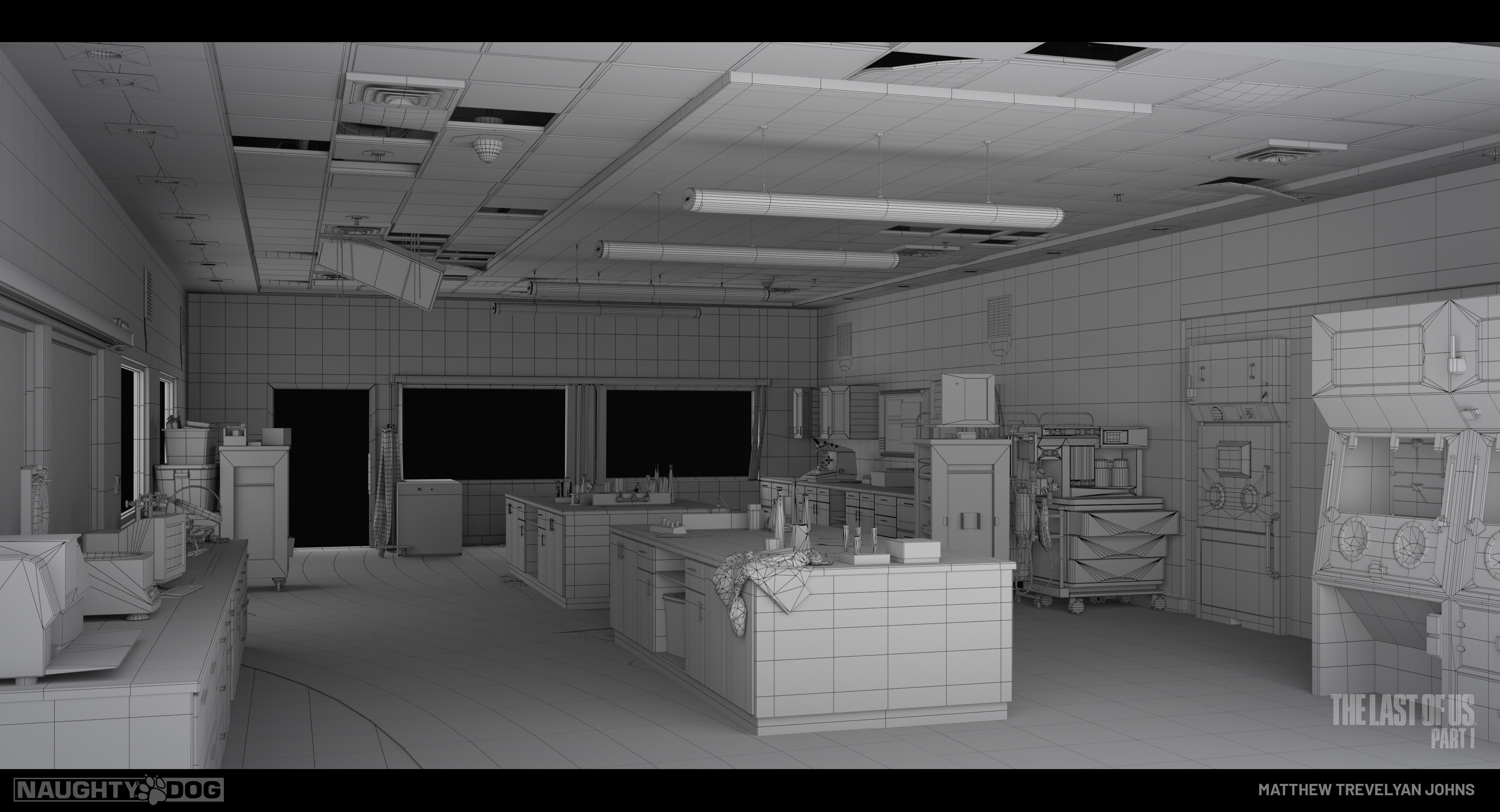 Here are the wires for this room, I handled a lot of the asset modeling, building desks, machinery and hospital equipment in combination with our outsource partners. Much of it was a mix of bake, trim and modular components for easy re-use and sharing