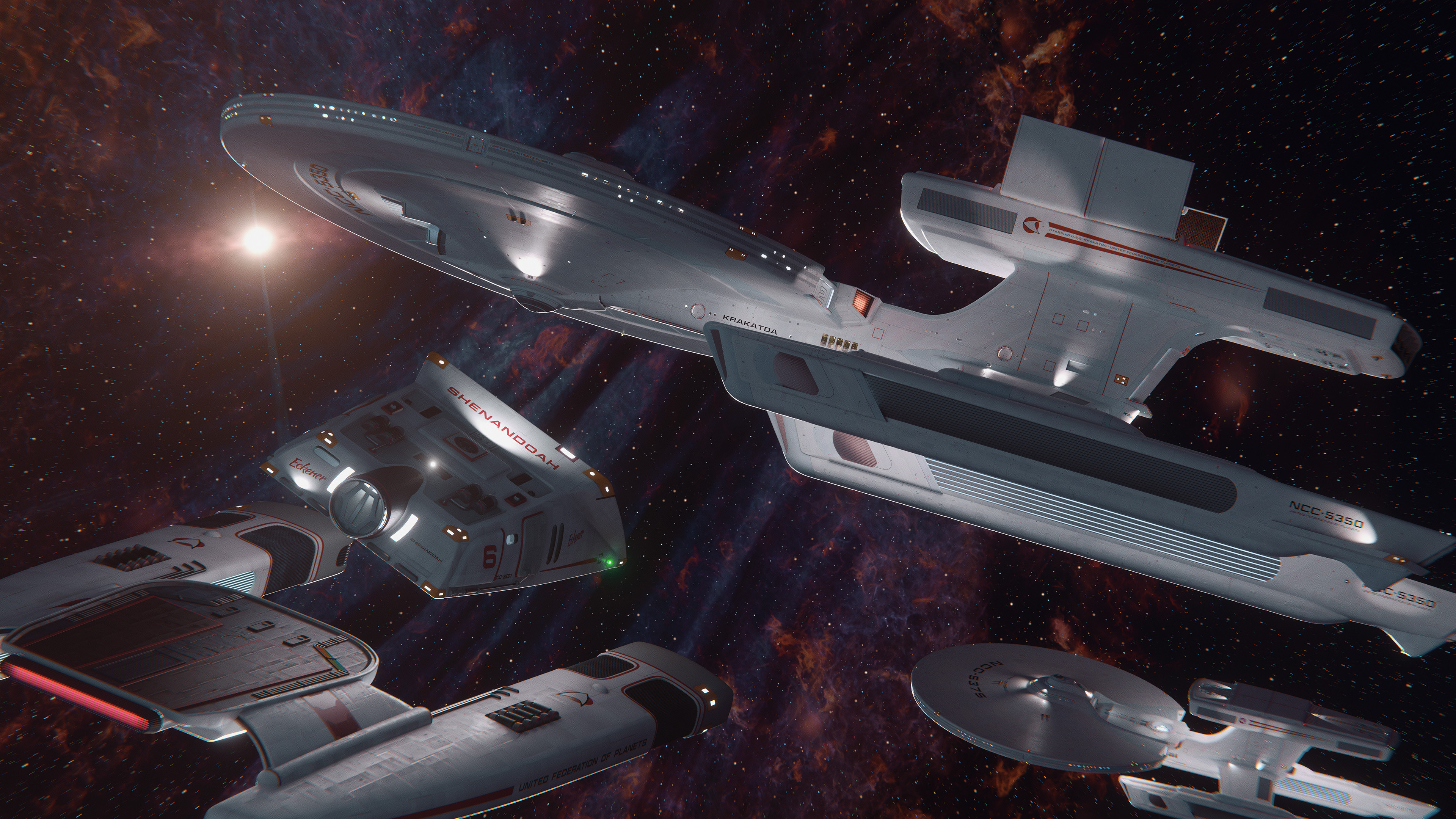 USS Krakatoa and USS Cotopaxi make a quick stop near the Birinanthi supernova remnant to rendezvous with the ambassador's courier shuttle.