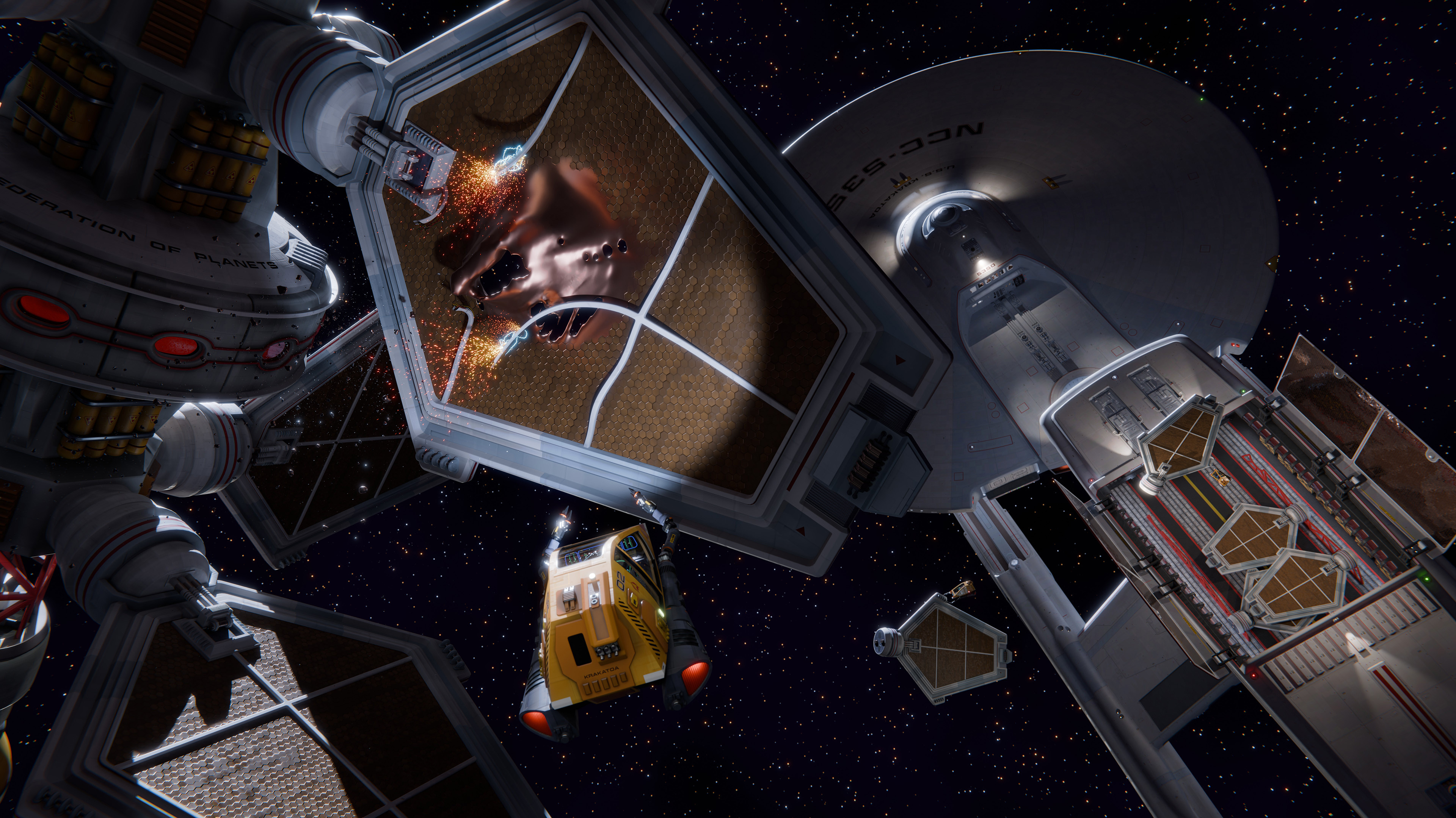 USS Krakatoa does some much-needed maintenance after a subspace repeater array is damaged by a rogue meteoroid.