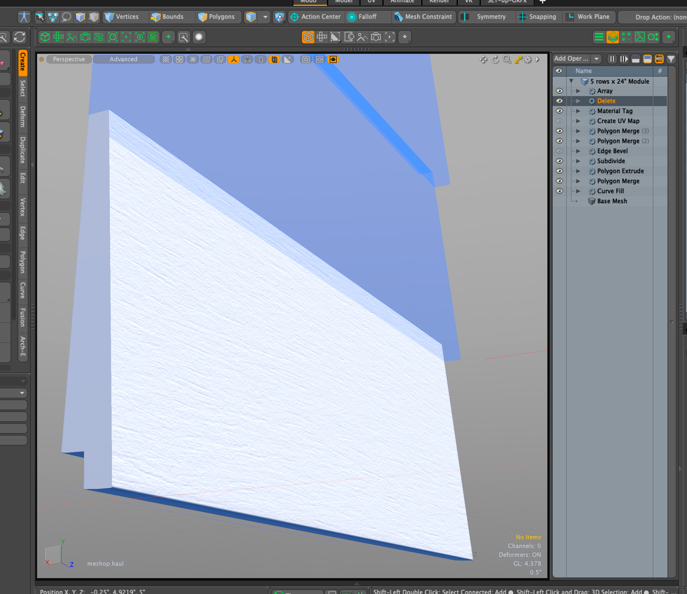 Parametric / Procedural Design: Architectural Finish Application. This 5-row by 24" module uses a siding manufacturer's shiplap profile (Dolly Varden generically) to create the relevant geometry; surface detail is handled through texturing.