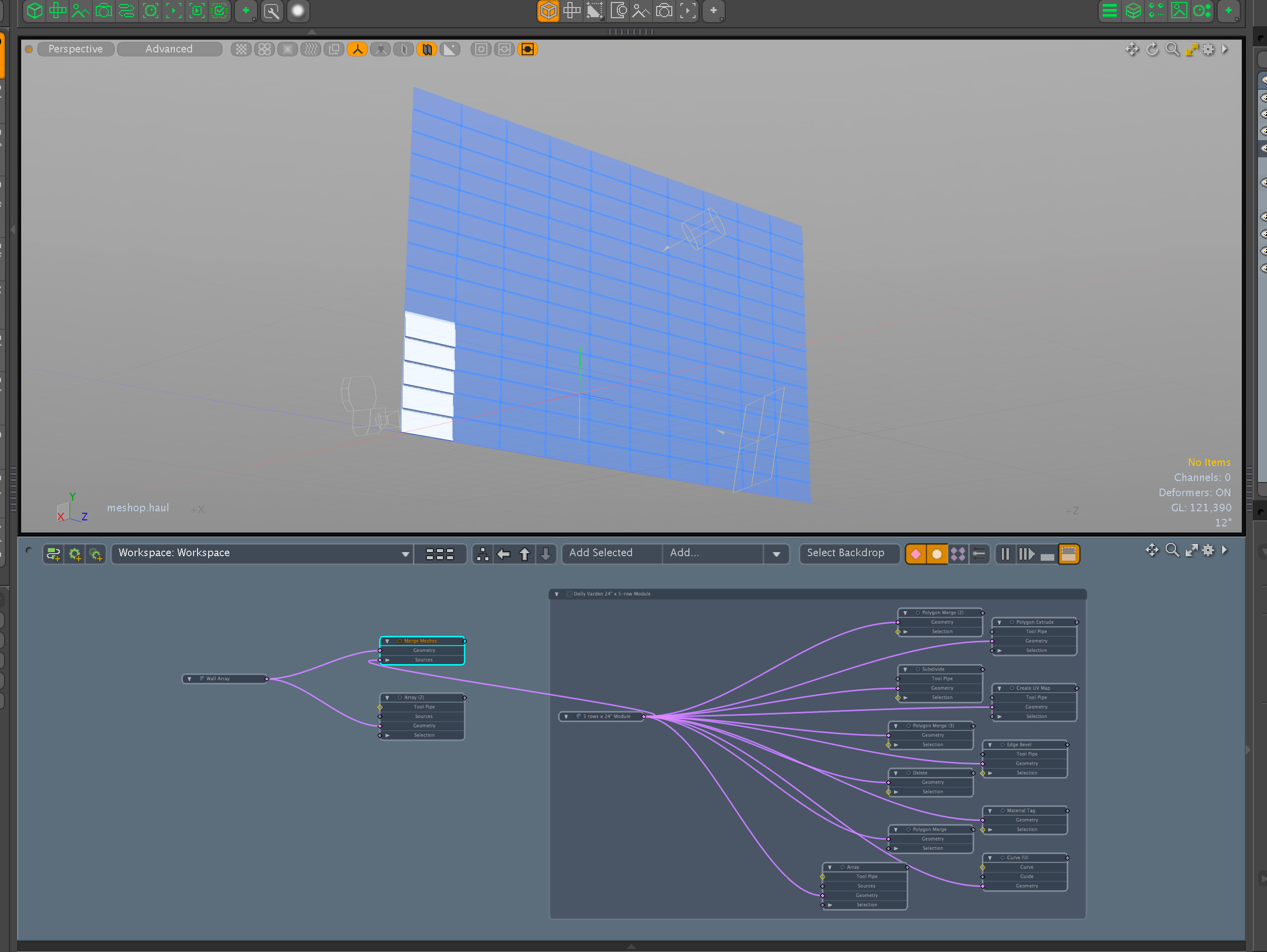 This is the nodal procedural  parametric network used to create this wall assembly; the larger enclosed portion generates the initial module, the smaller section to the left is the wall assembly.