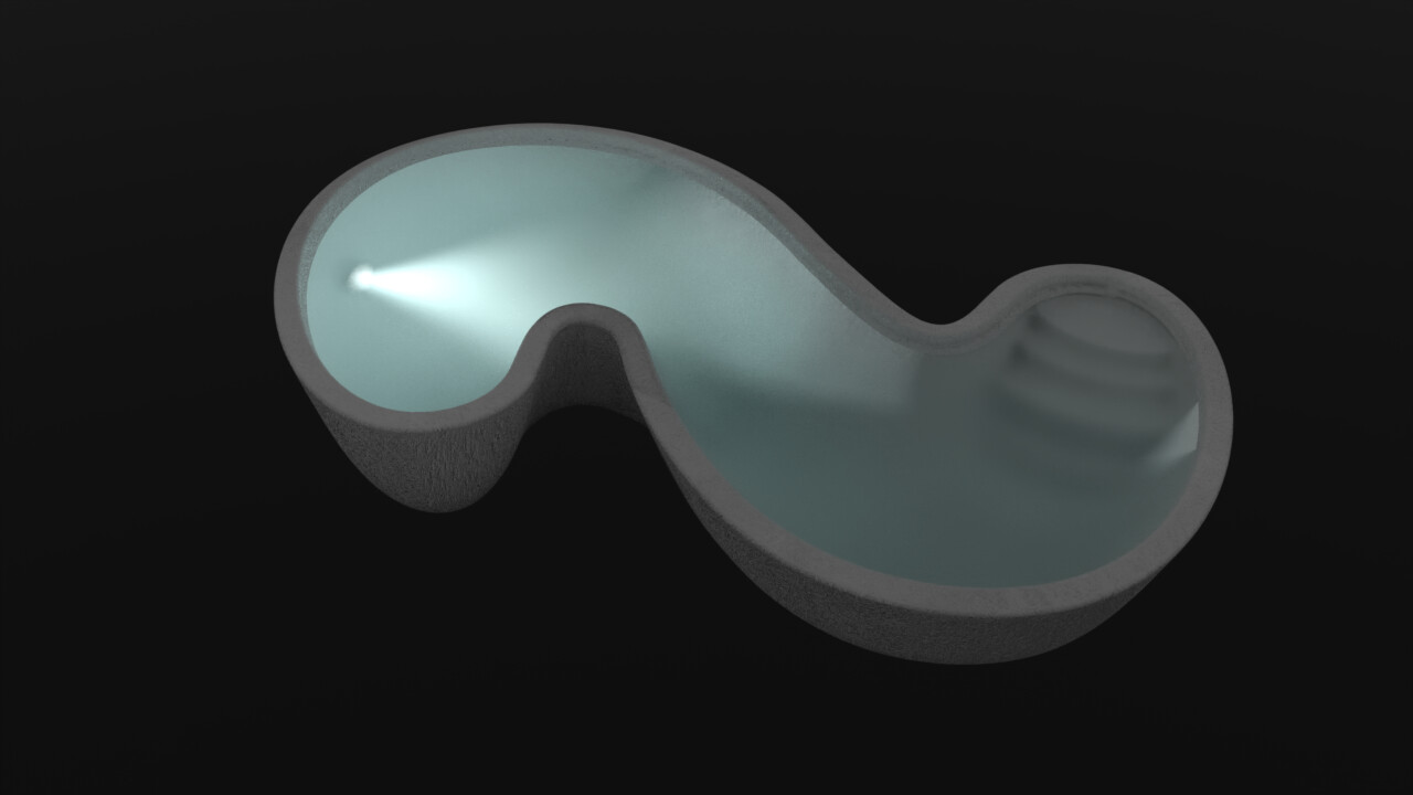 This pool's geometry was procedurally generated (and thus remains editable). I threw in a light at the deep end, created a decent water material with some sub-surface scatter, volumetric lighting effects and refraction roughness, and rendered.