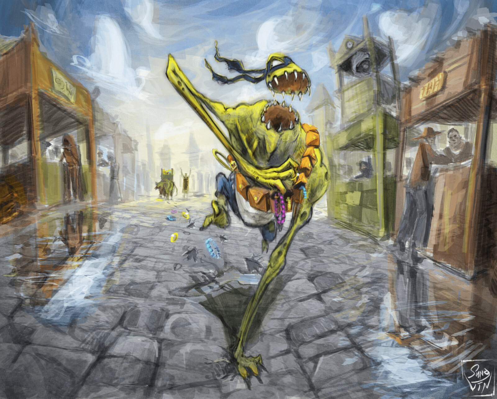 Thief! Cinematic Shot of my original alien character stealing from a travelling merchant at the market.