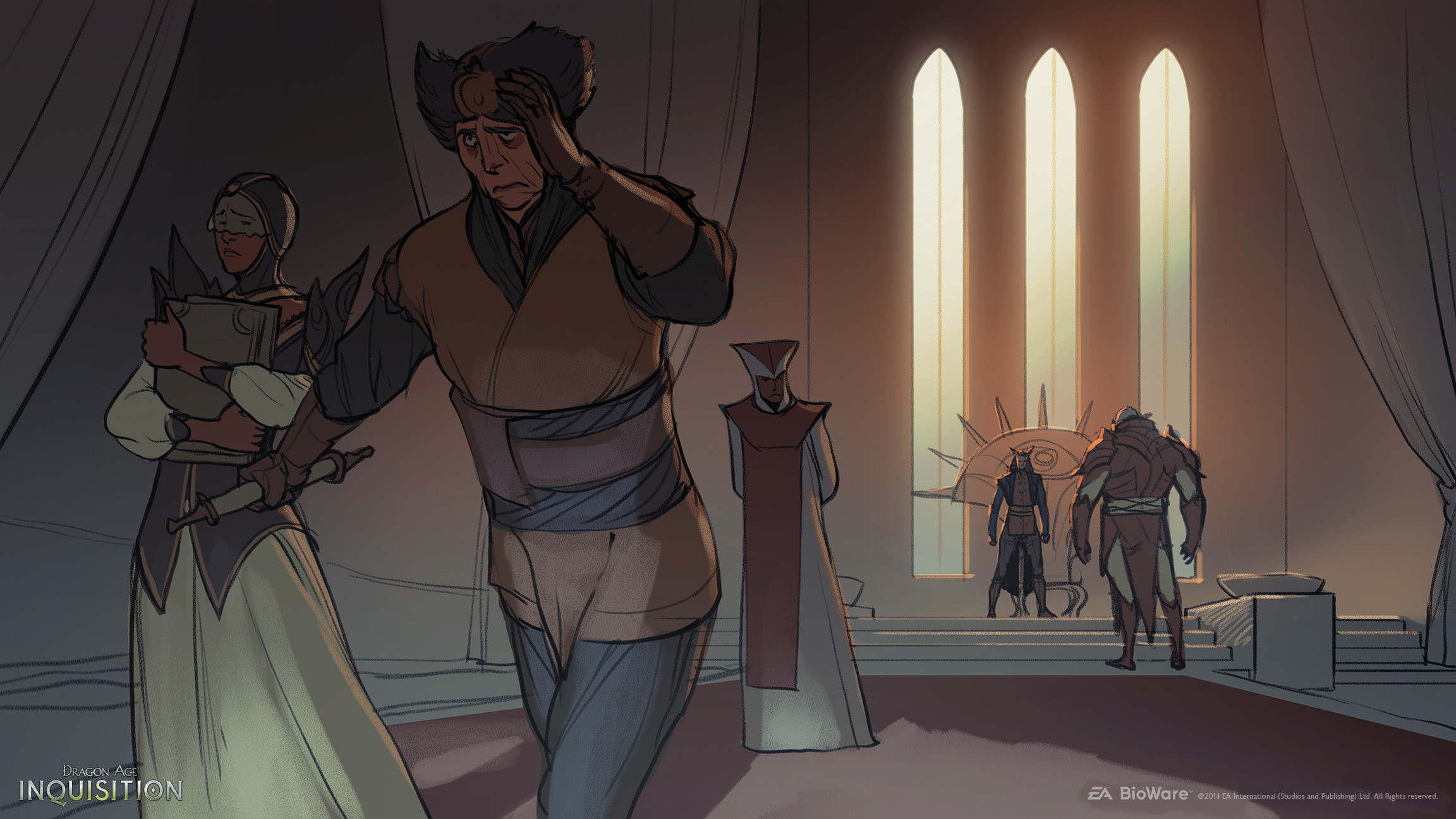 Sten arrives to deliver arrest the Inquisitor for her magic-related crimes. 