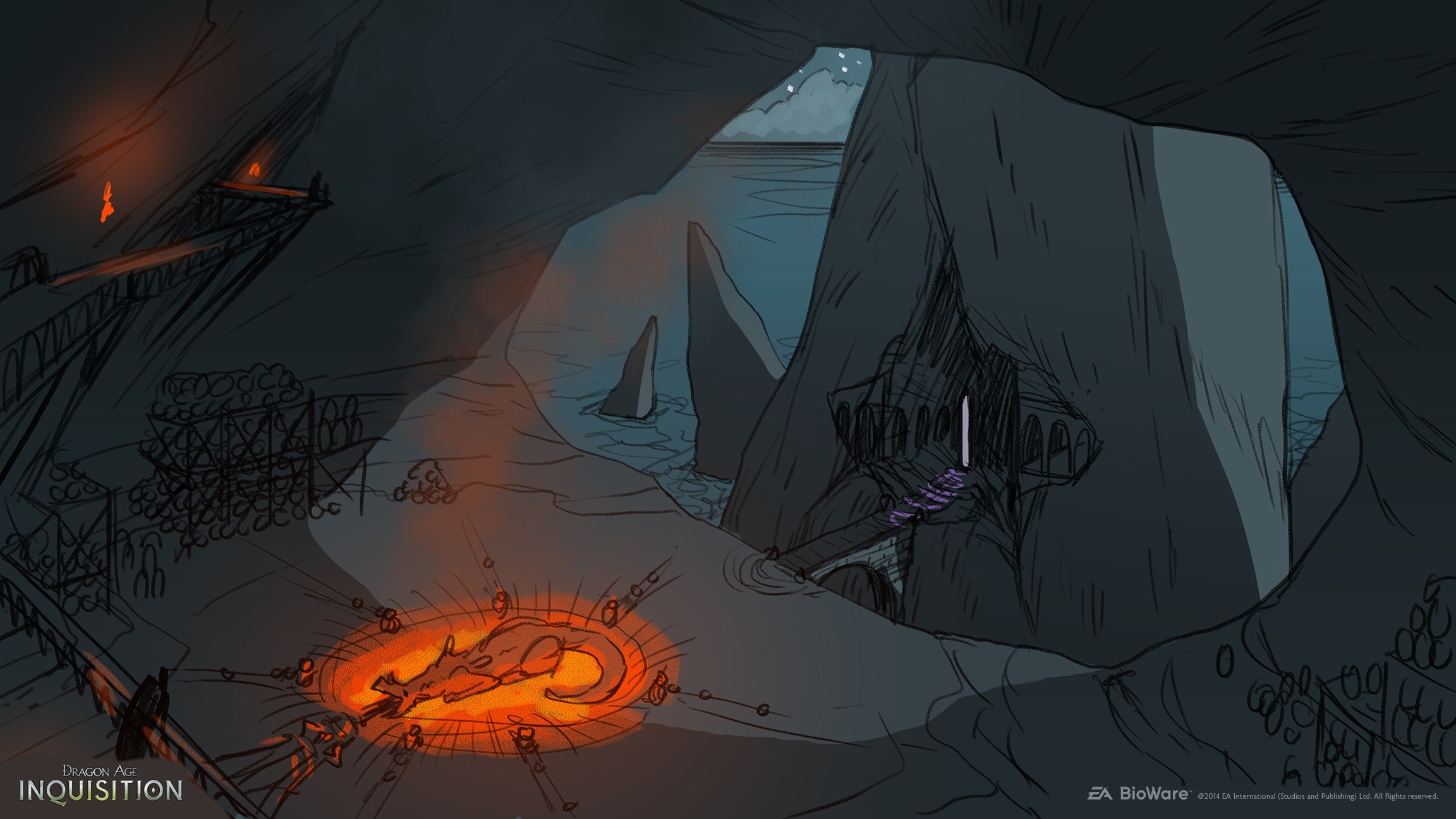 Discovering the "factory" where Qunari are extracting poison from a bound dragon.