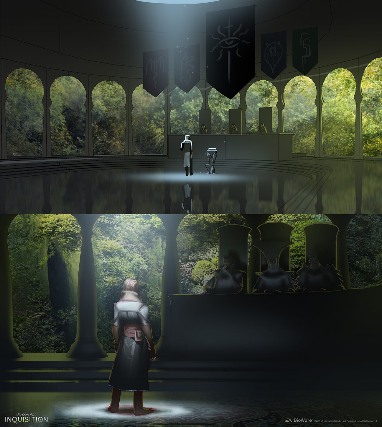 The Inquisitor is summoned to a multinational tribunal. I liked the idea of the room being surrounded by hanging gardens. 