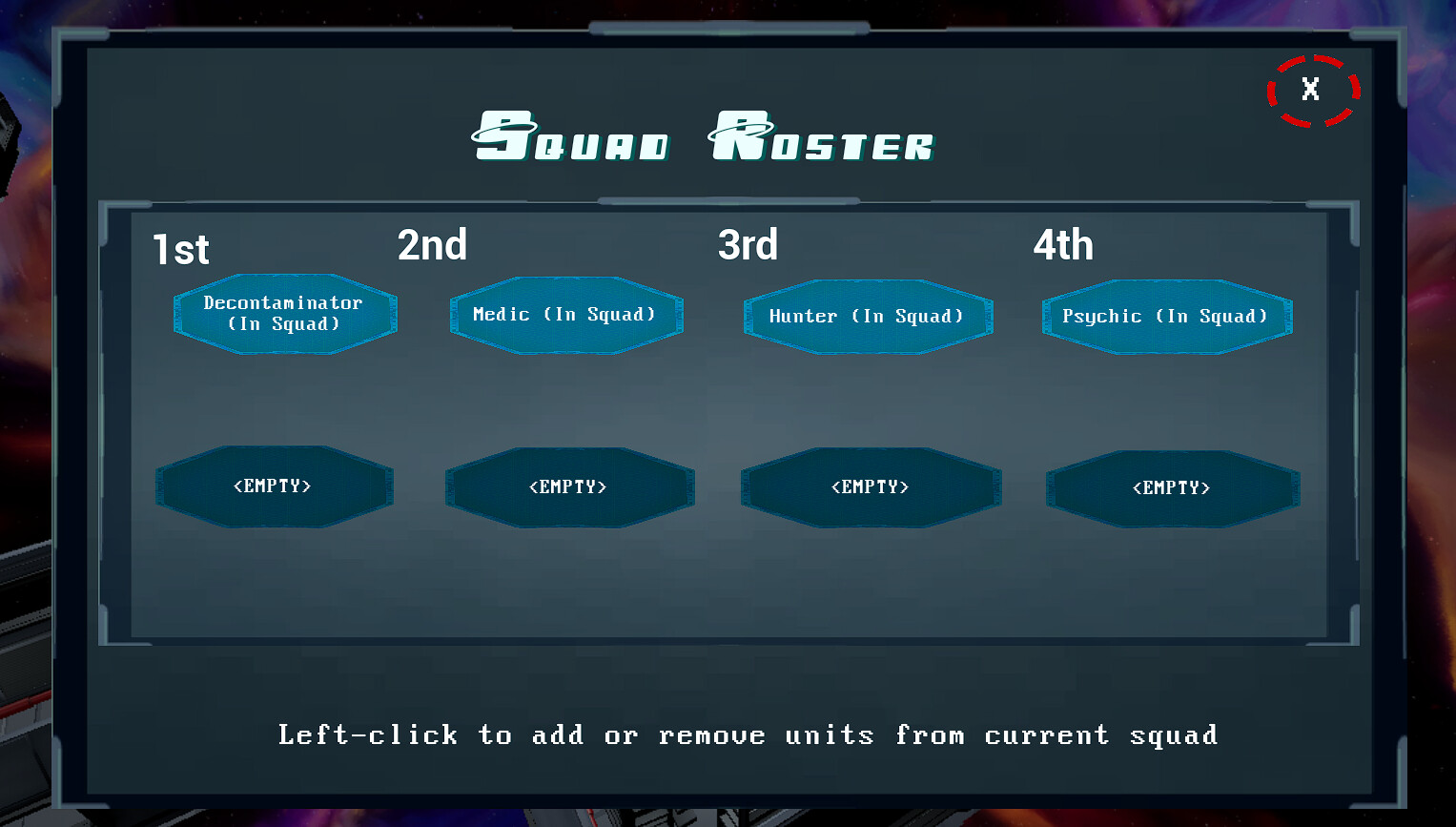 This is the squad roster where you can take your flash clones into battle.