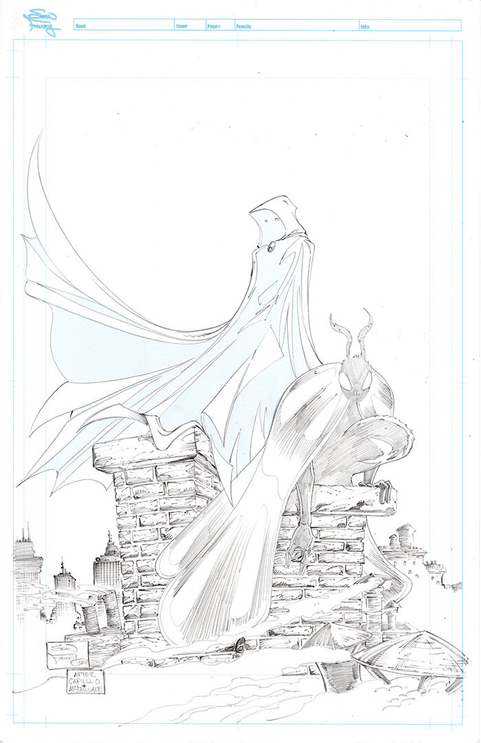 Scarlet Huntress meets Mothman SDCC 2024 cover 

Homage to Greg Capullo's Spawn and Batman cover 

Lines and colors by Sean Forney 

Scarlet Huntress is a registered trademark and copyright Stephanie and Sean Forney 