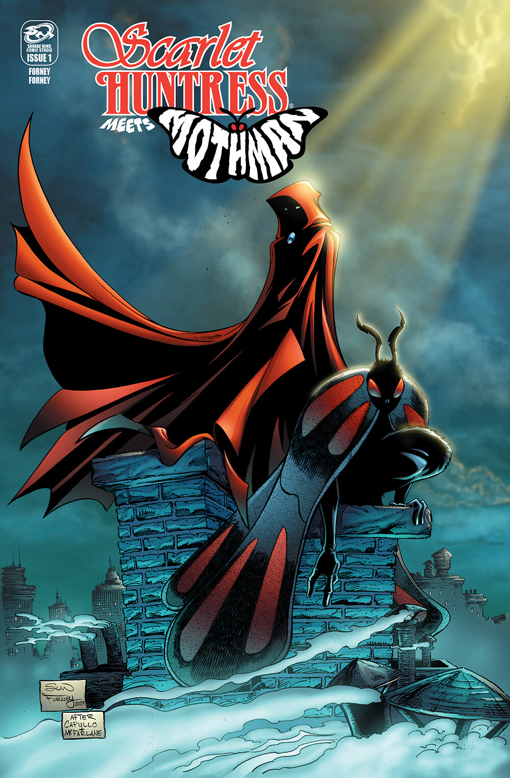 Scarlet Huntress meets Mothman SDCC 2024 cover 

Homage to Greg Capullo's Spawn and Batman cover 

Lines and colors by Sean Forney 

Scarlet Huntress is a registered trademark and copyright Stephanie and Sean Forney 