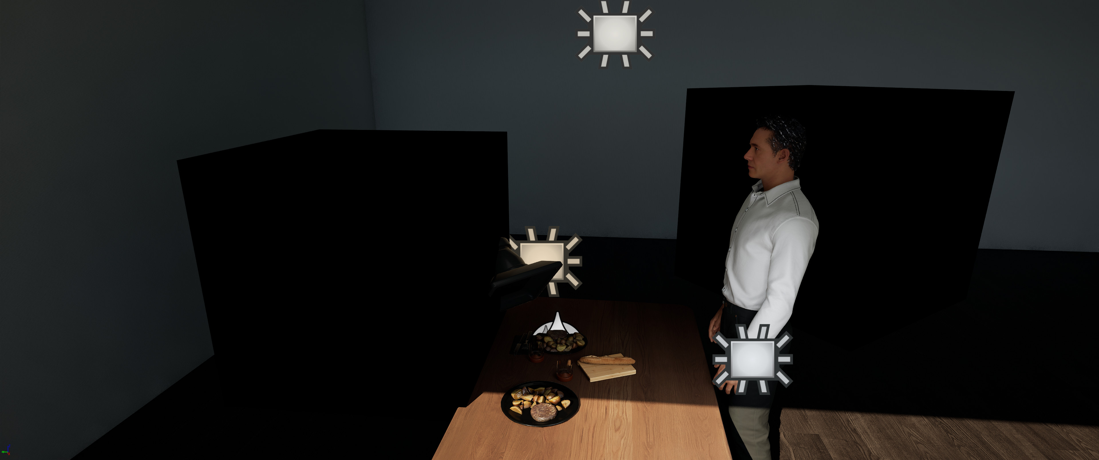 I used three panel lights to achieve the desired lighting and two black blocks as light blockers. The block on the left also helped create a slightly darker reflection on the knife blade edge and cleaner reflections on the glass.
