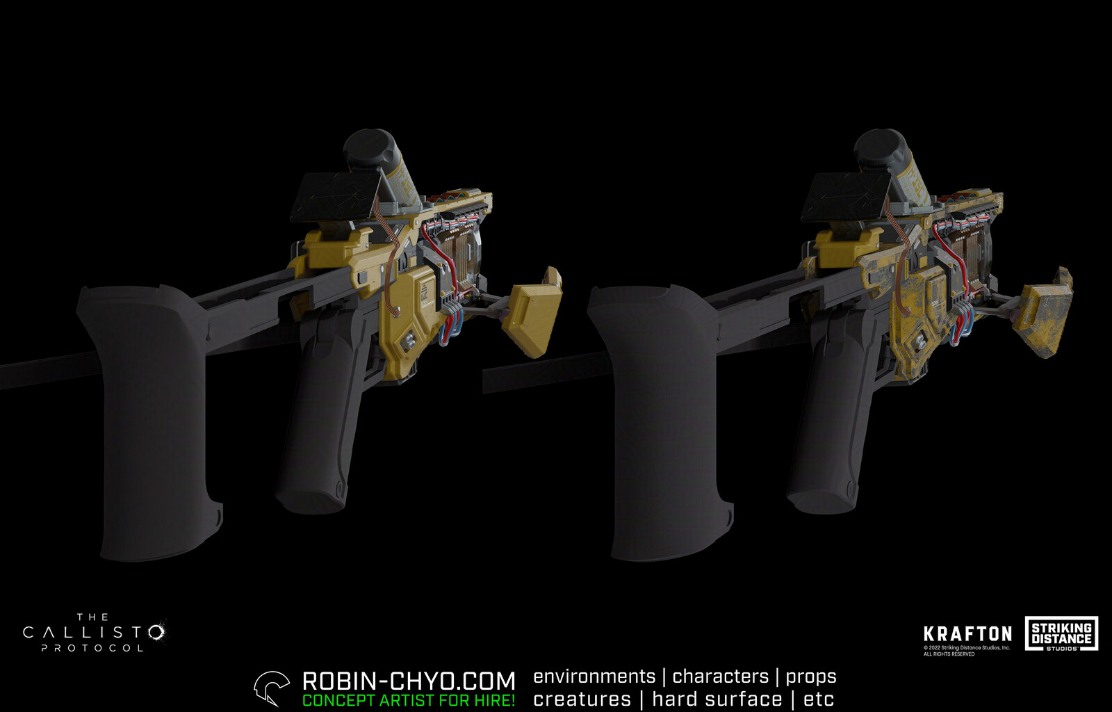 Over-the-shoulder mock-up of the weapon with an example of wear treatment on the right.