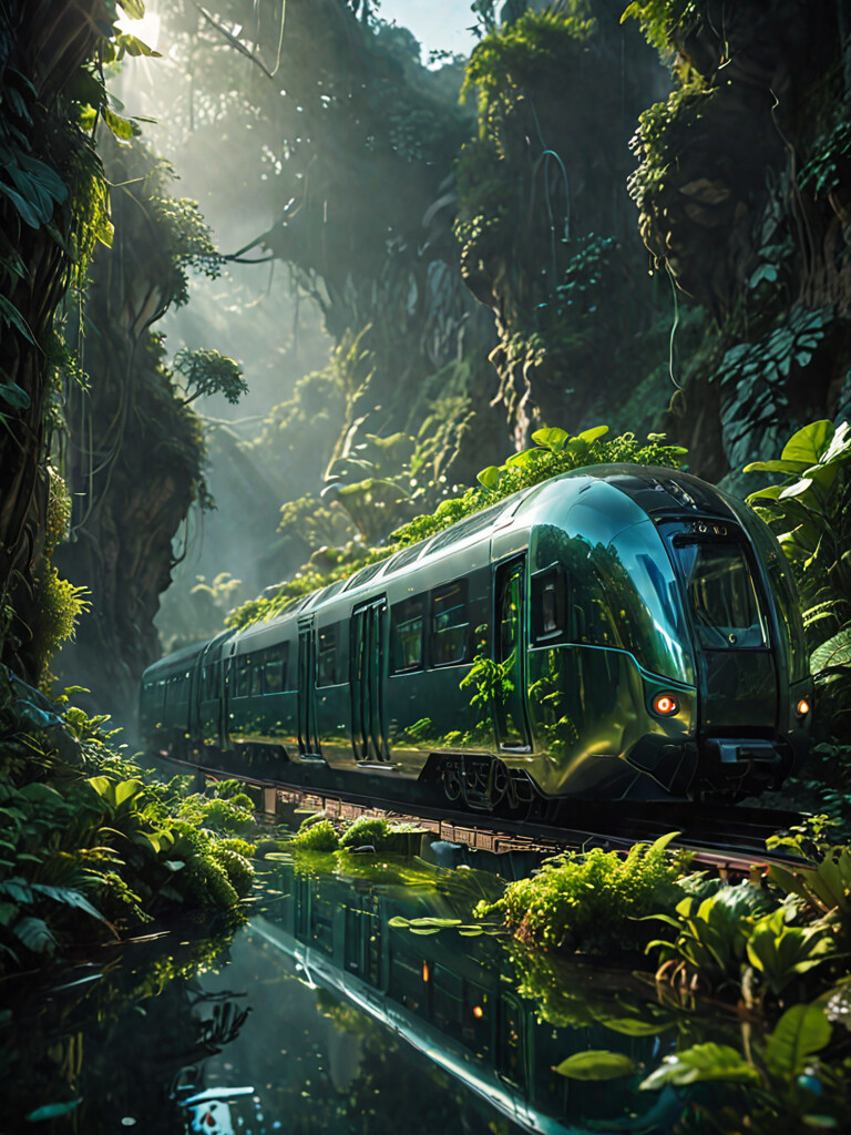 ArtStation - A train is going through a jungle with trees and plants