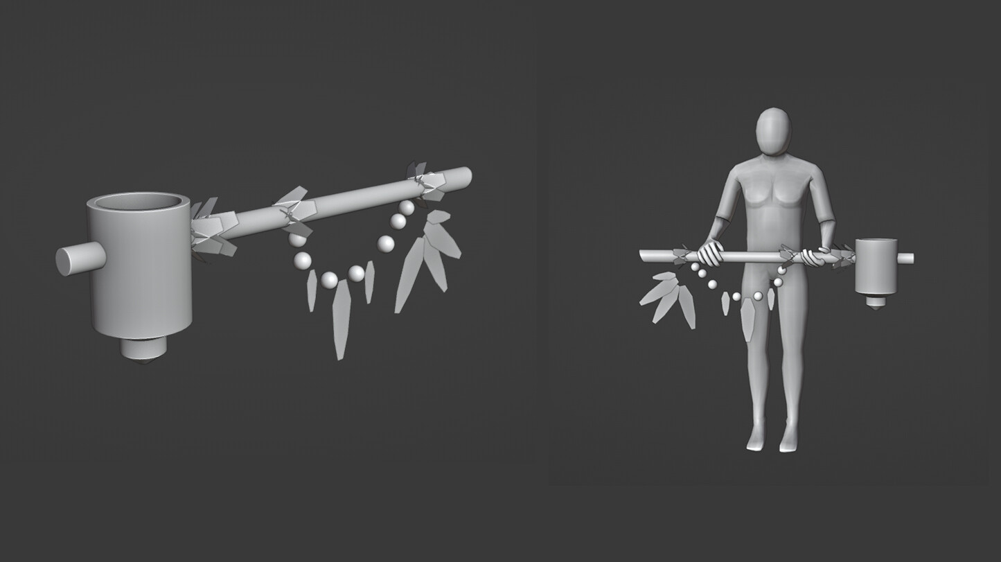I used some very simple 3D Blocking to figure out perspective, and prototype scale, to make sure a character could hold the prop in a convincing way.