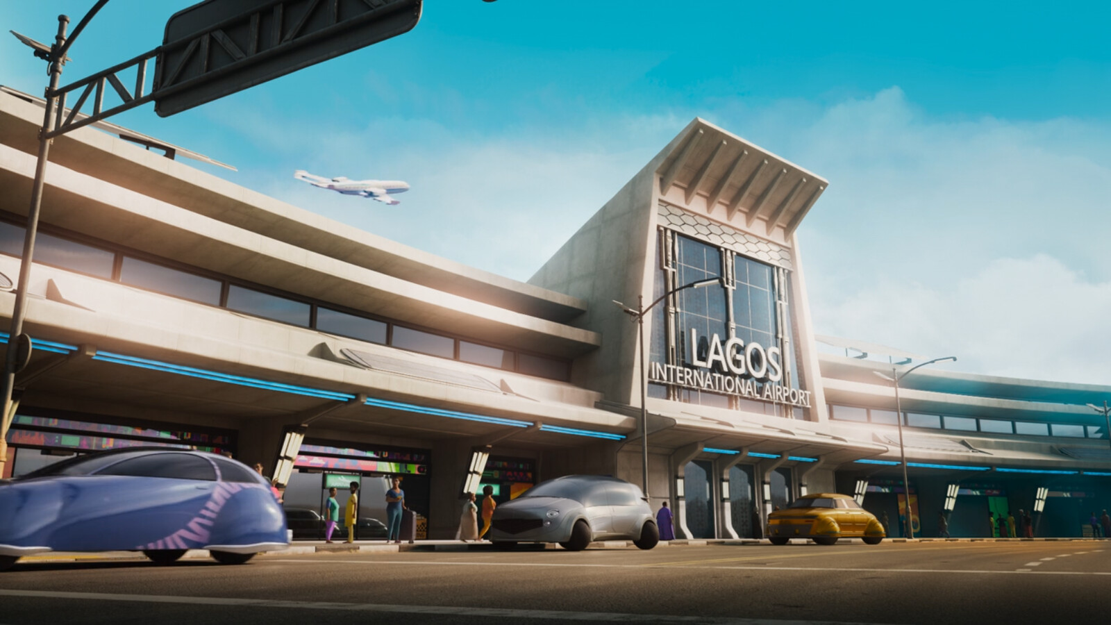 Airport exterior and golden car modeling