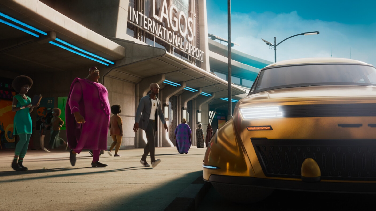 Airport exterior and golden car modeling