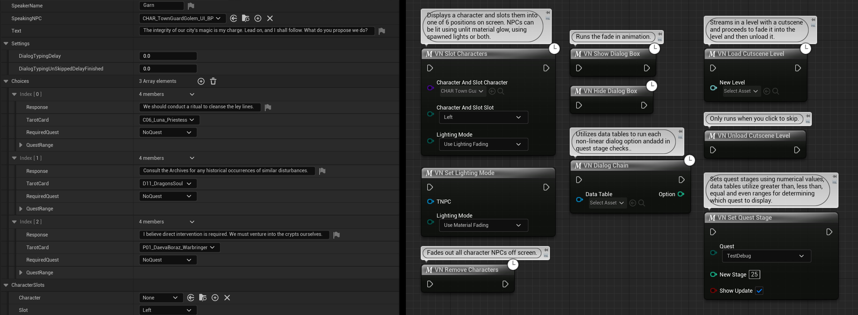 Simplifies the coding process with simple macros, leverages csv files for extensive data tables. Supports a Skyrim-like quest system.