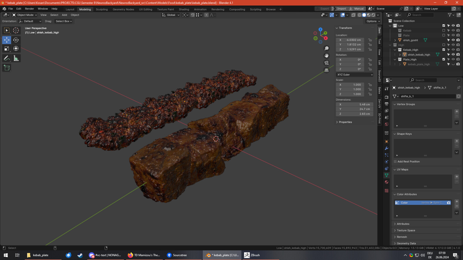 Fake kebab skewers out of meat patty and meat cube scans.
