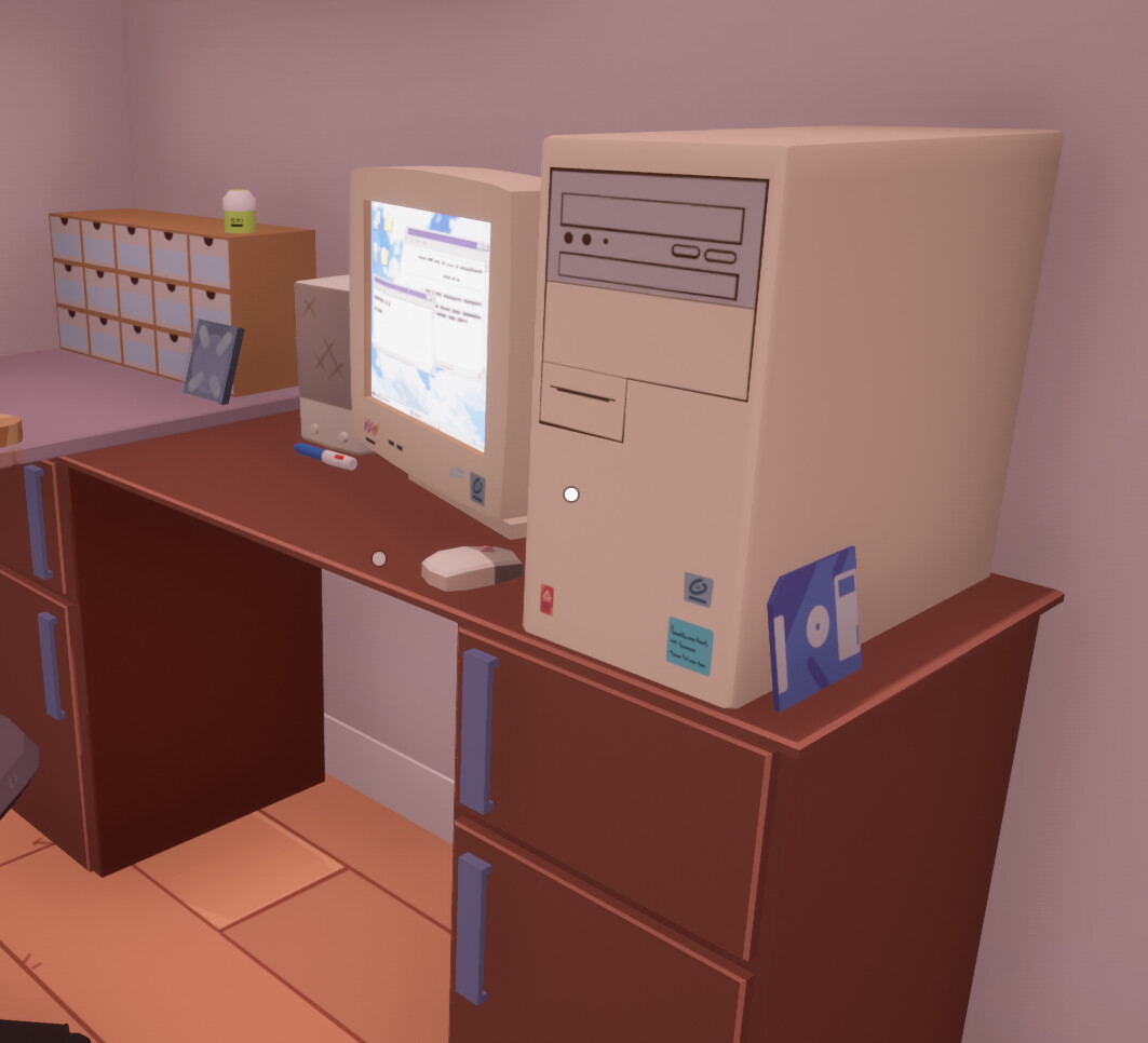Computer, floppy disk, furnitures, Desk, CD Box