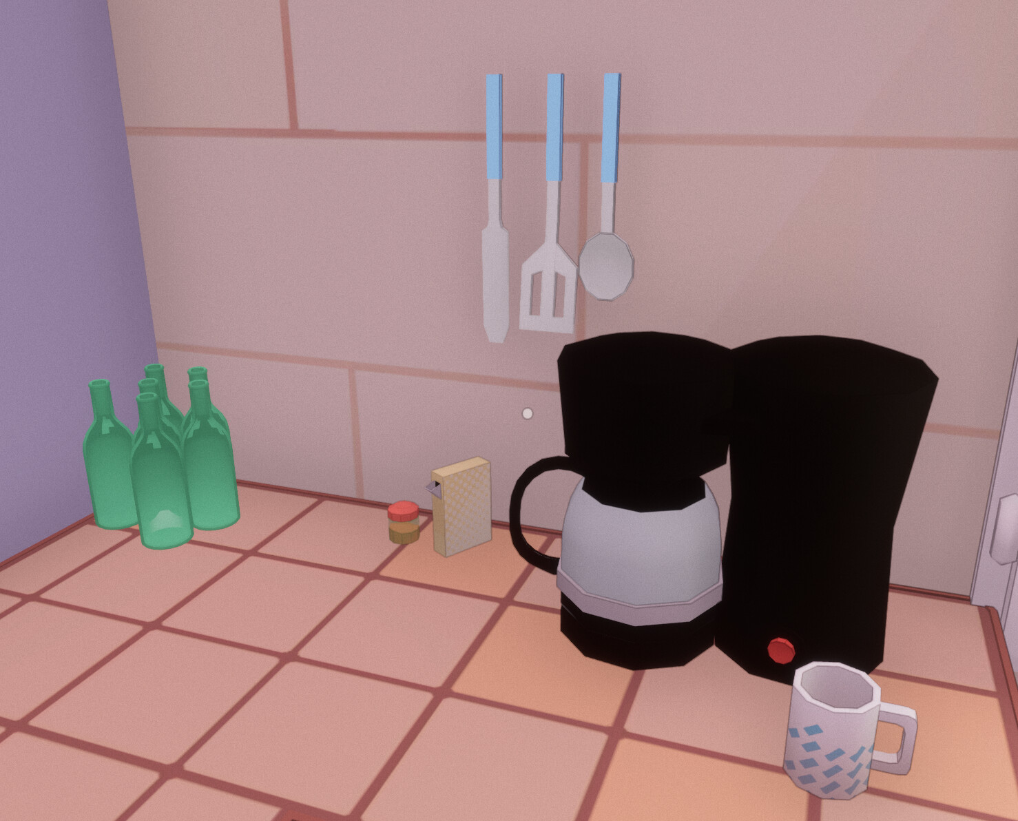 Mug, Coffee Machine, Bottles, sugare, spice and Kitchen Utensils