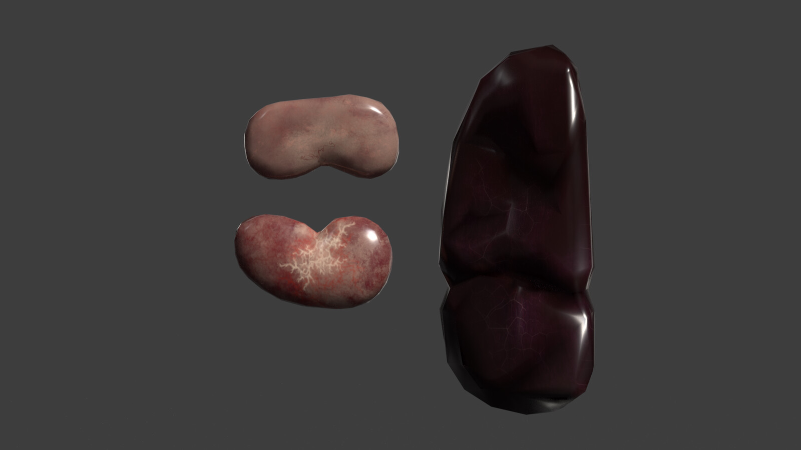 Liver and Kidneys modeled/sculpted, decimated, and converted to tris in Blender. Texture painted in Adobe Substance Painter.